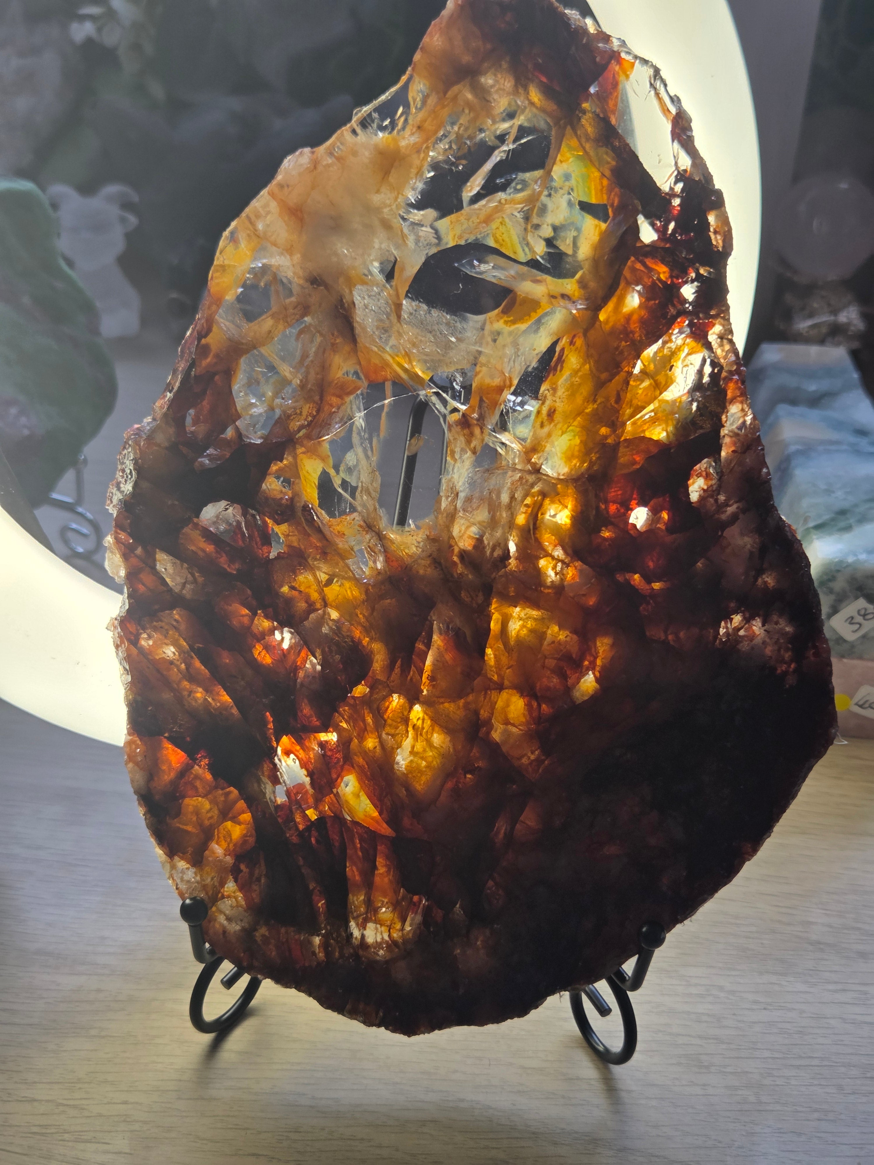 XL Grade A A fire quartz crystal slice with stand