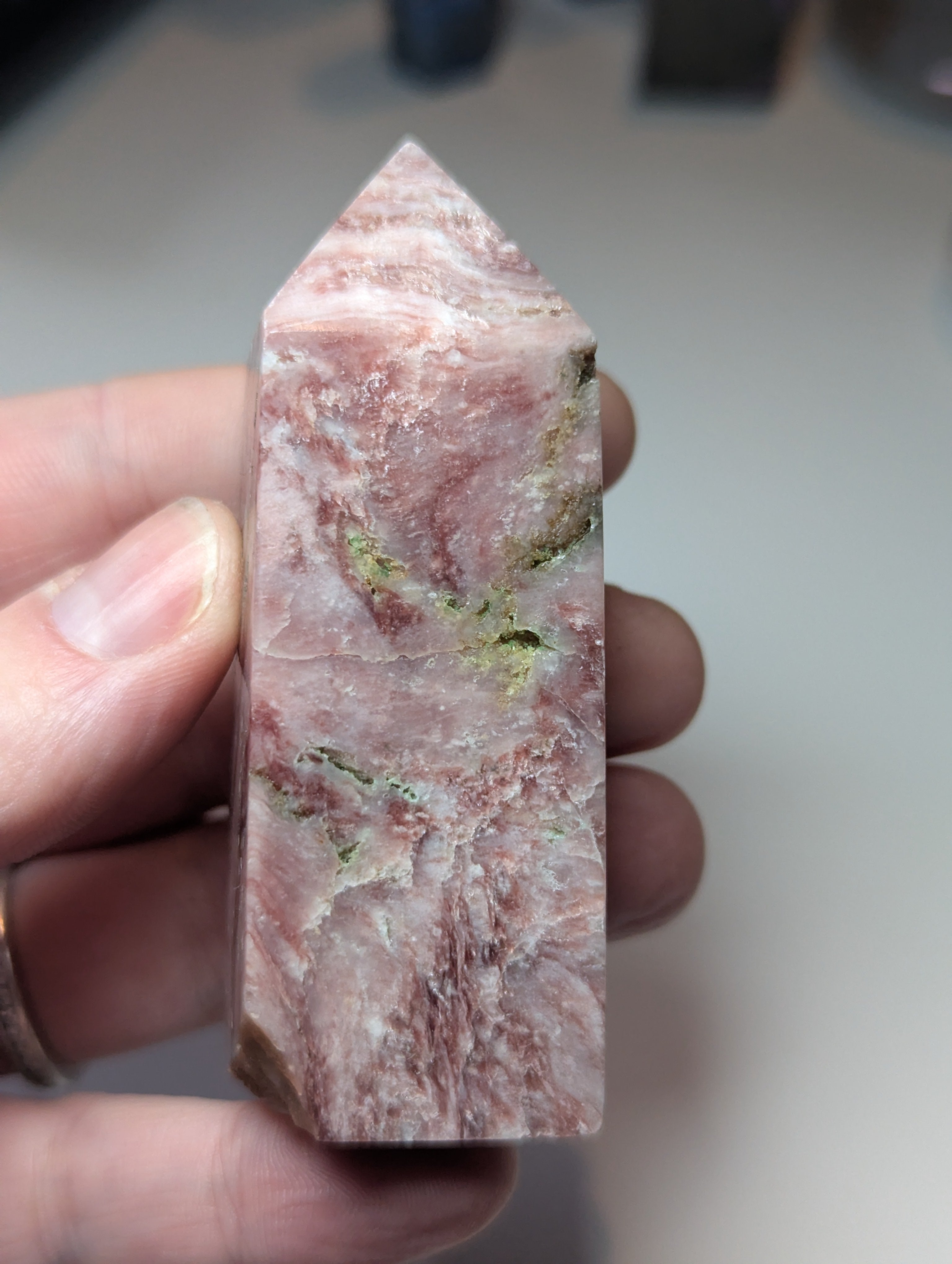 Pink mica crystal tower with imperfections