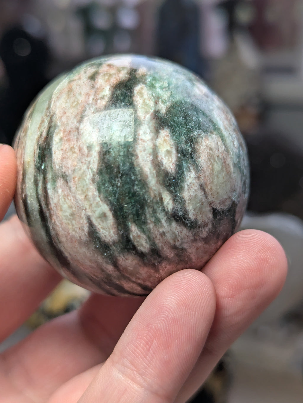 Green mica with plumb blossom tourmaline sphere 5cm
