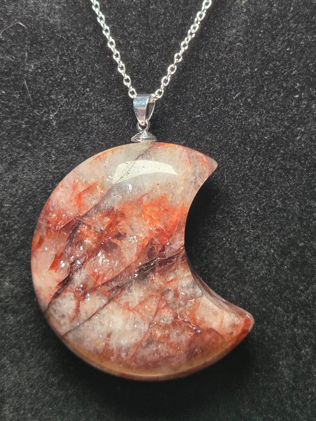 S925 Fire quartz crystal large  moon pendant