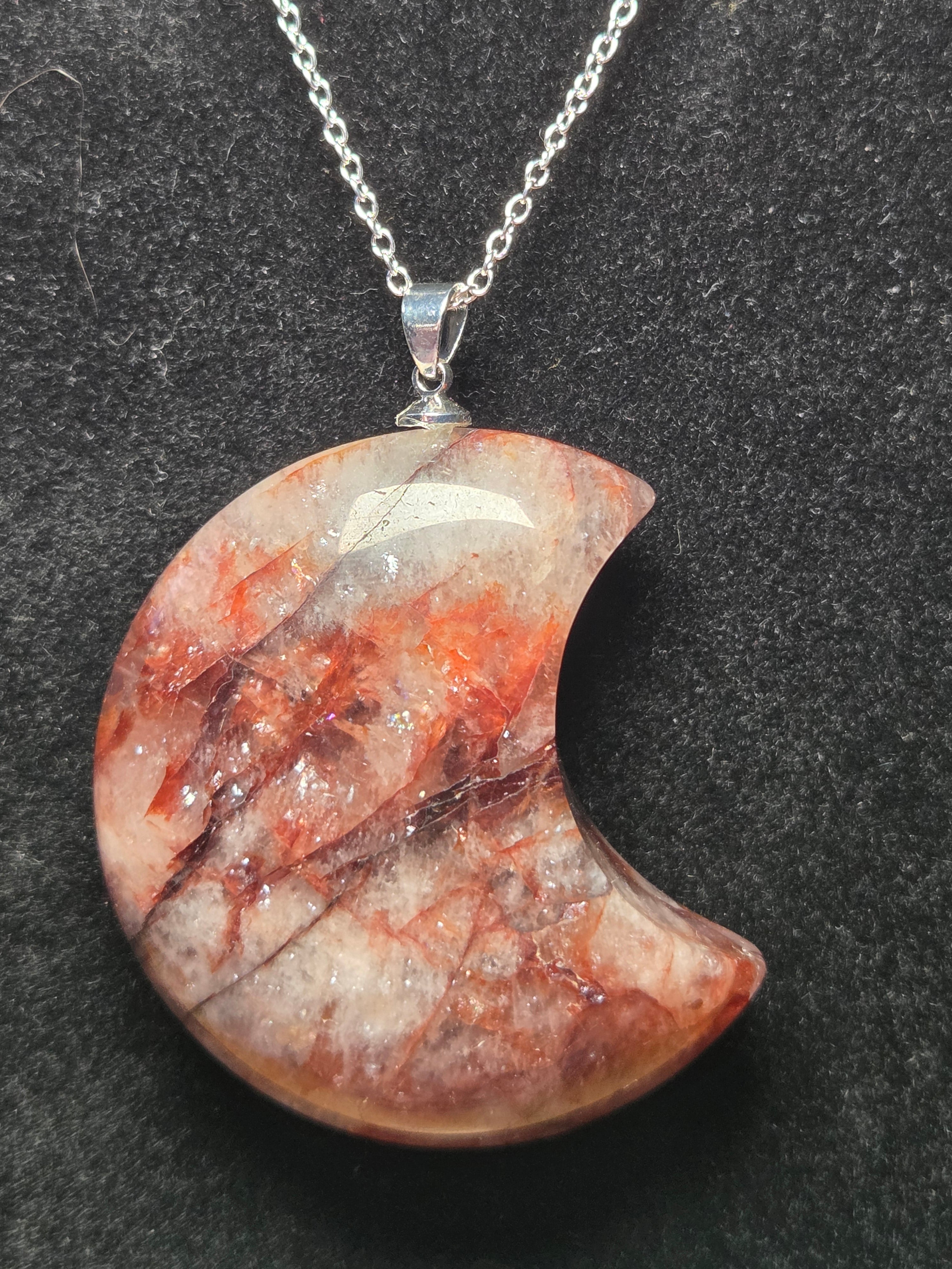 S925 Fire quartz crystal large  moon pendant