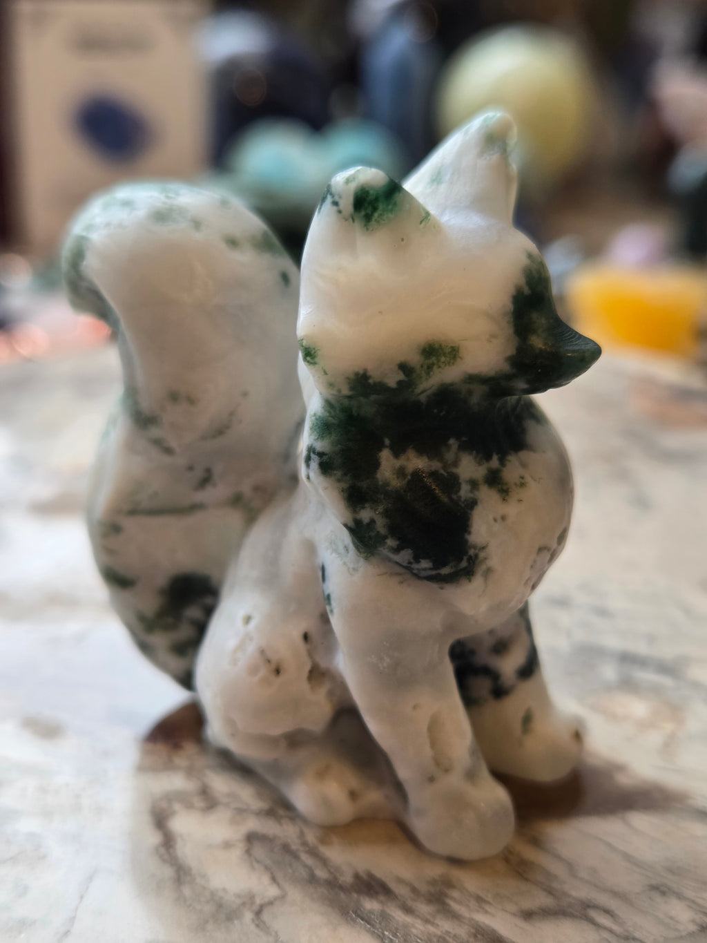 Moss agate crystal fox carving