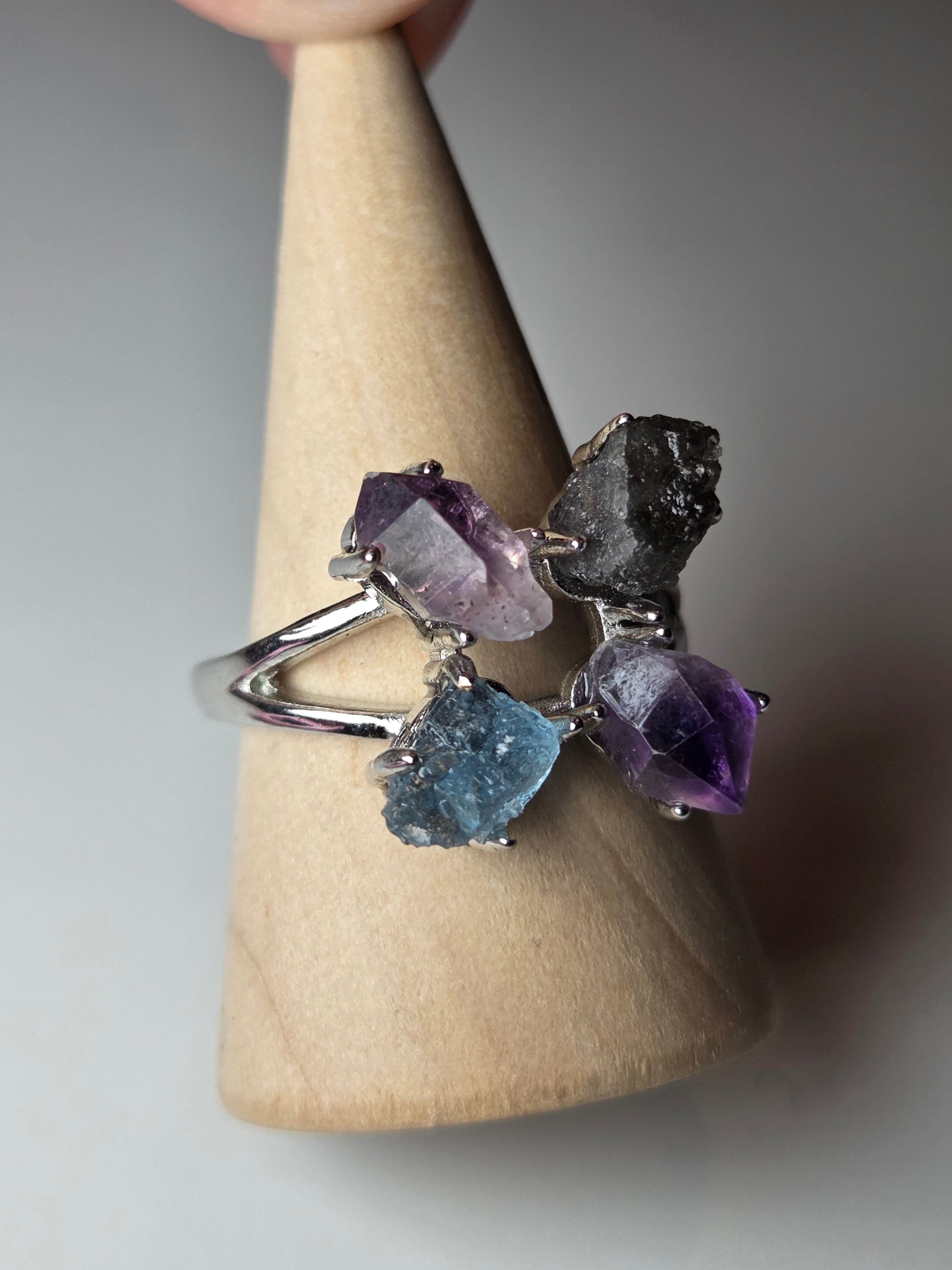 Aquamarine super 7 and heckimeer Diamond crystal adjustable ring