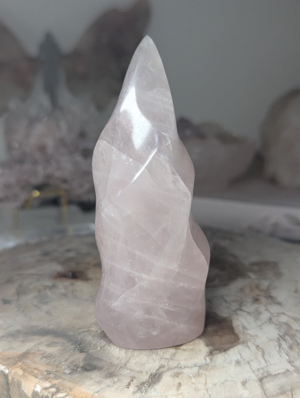 Rose quartz crystal flame carving
