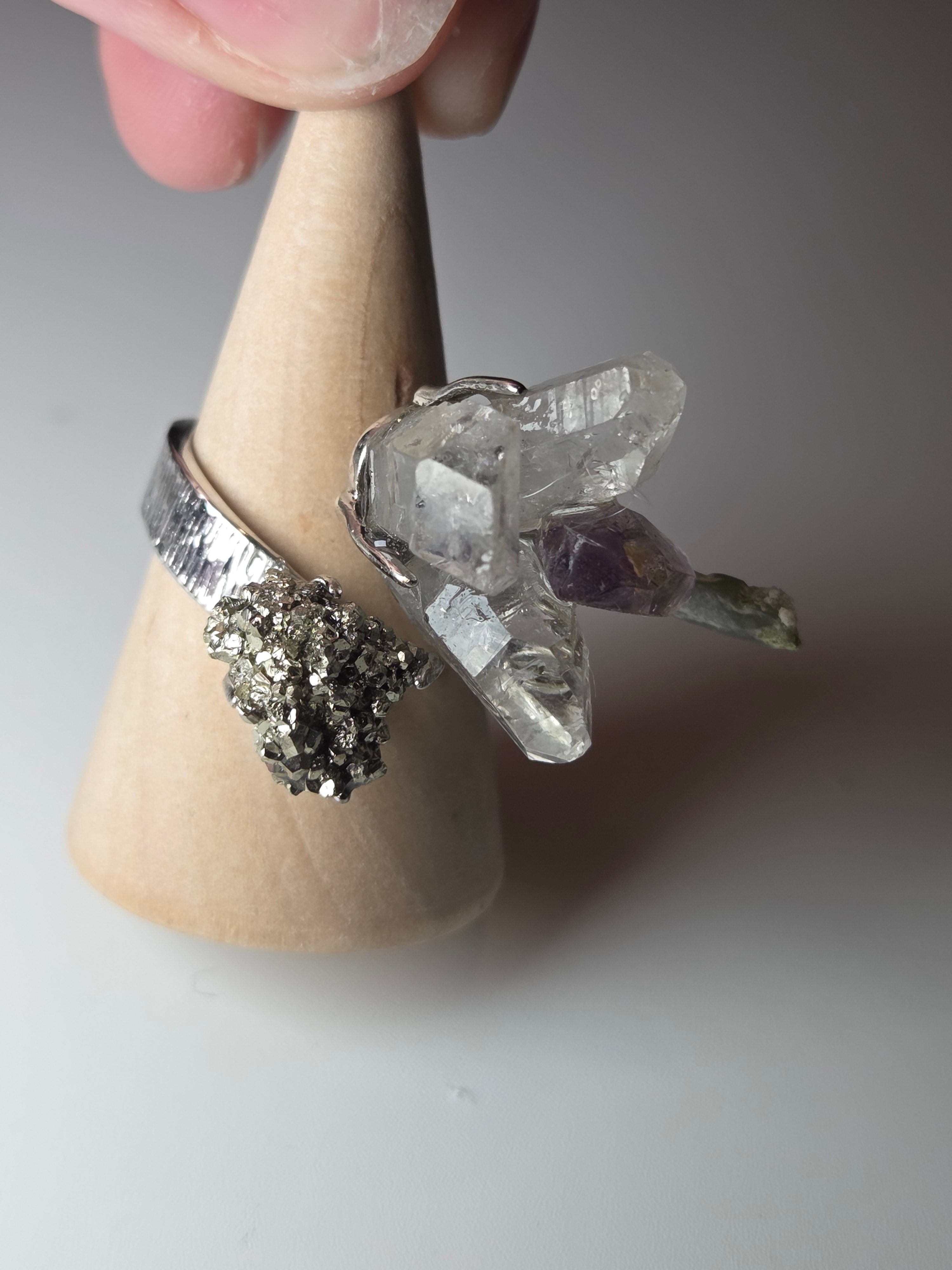 Specimen adjustable ring including super 7, quartz and pyrite