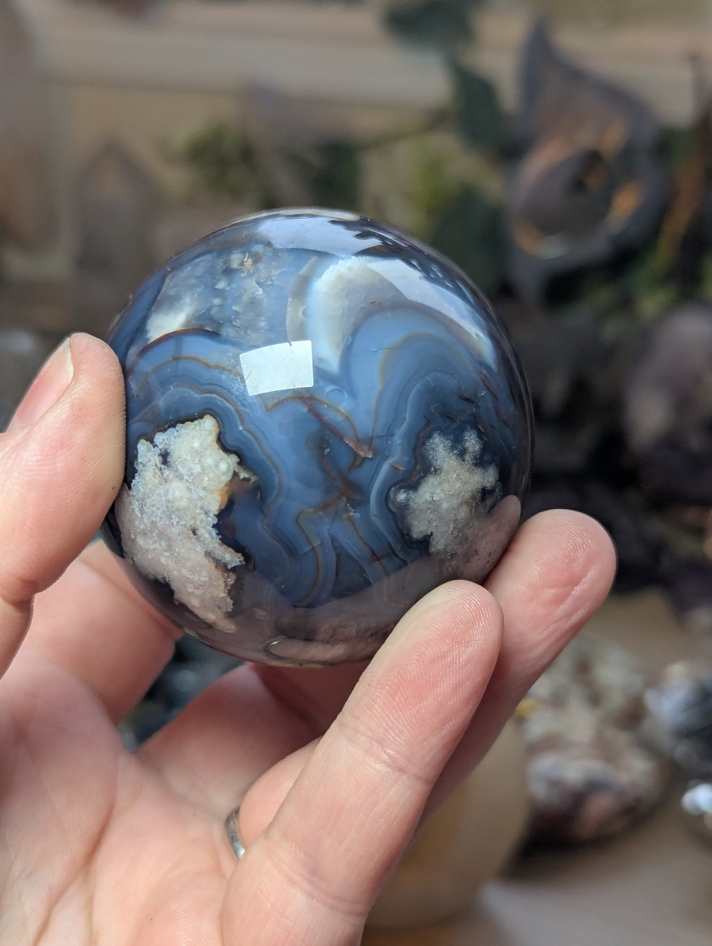 Blue  flower agate crystal sphere with stand