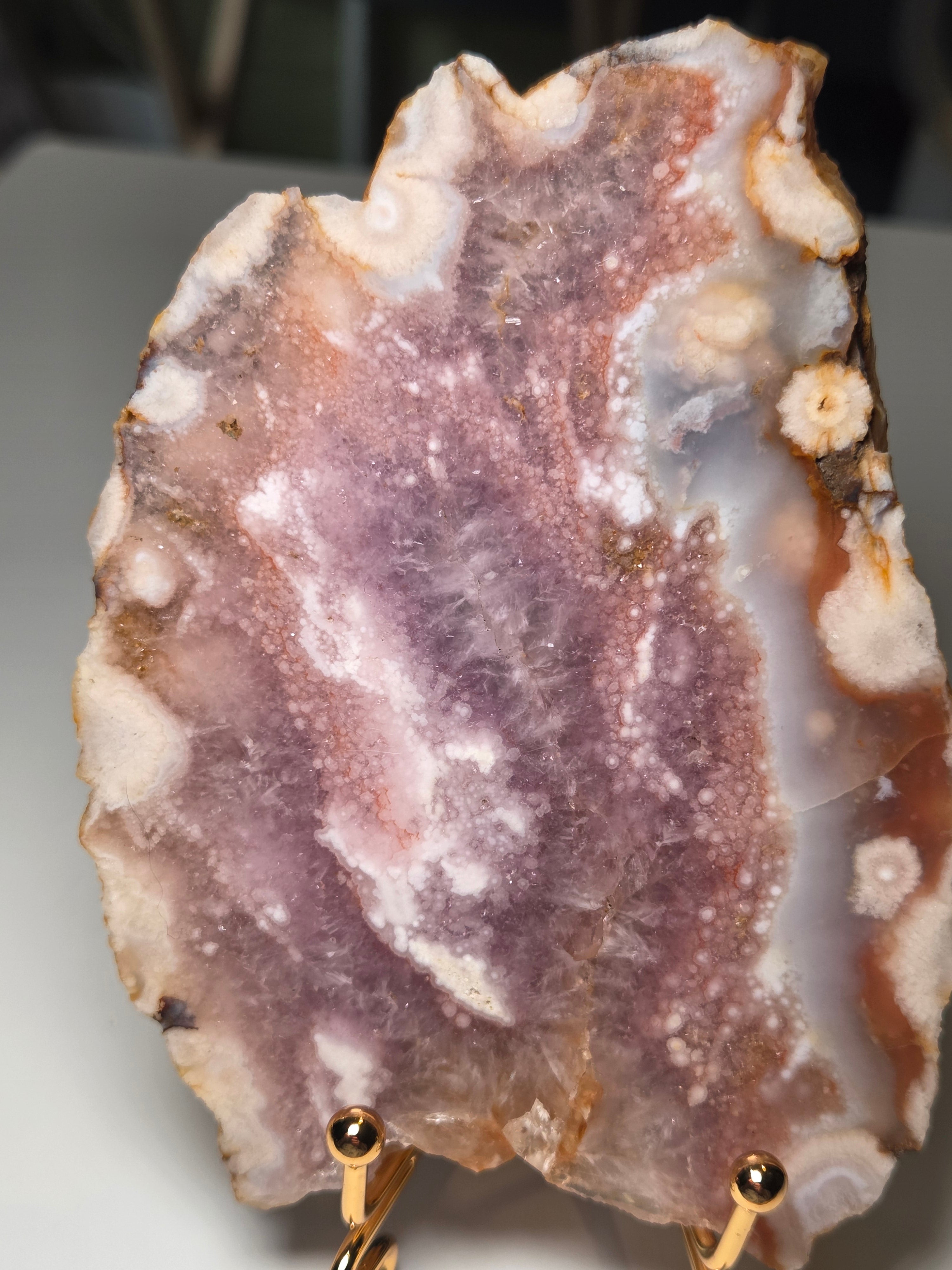 Pink and purple flower Amethyst crystal slice with stand