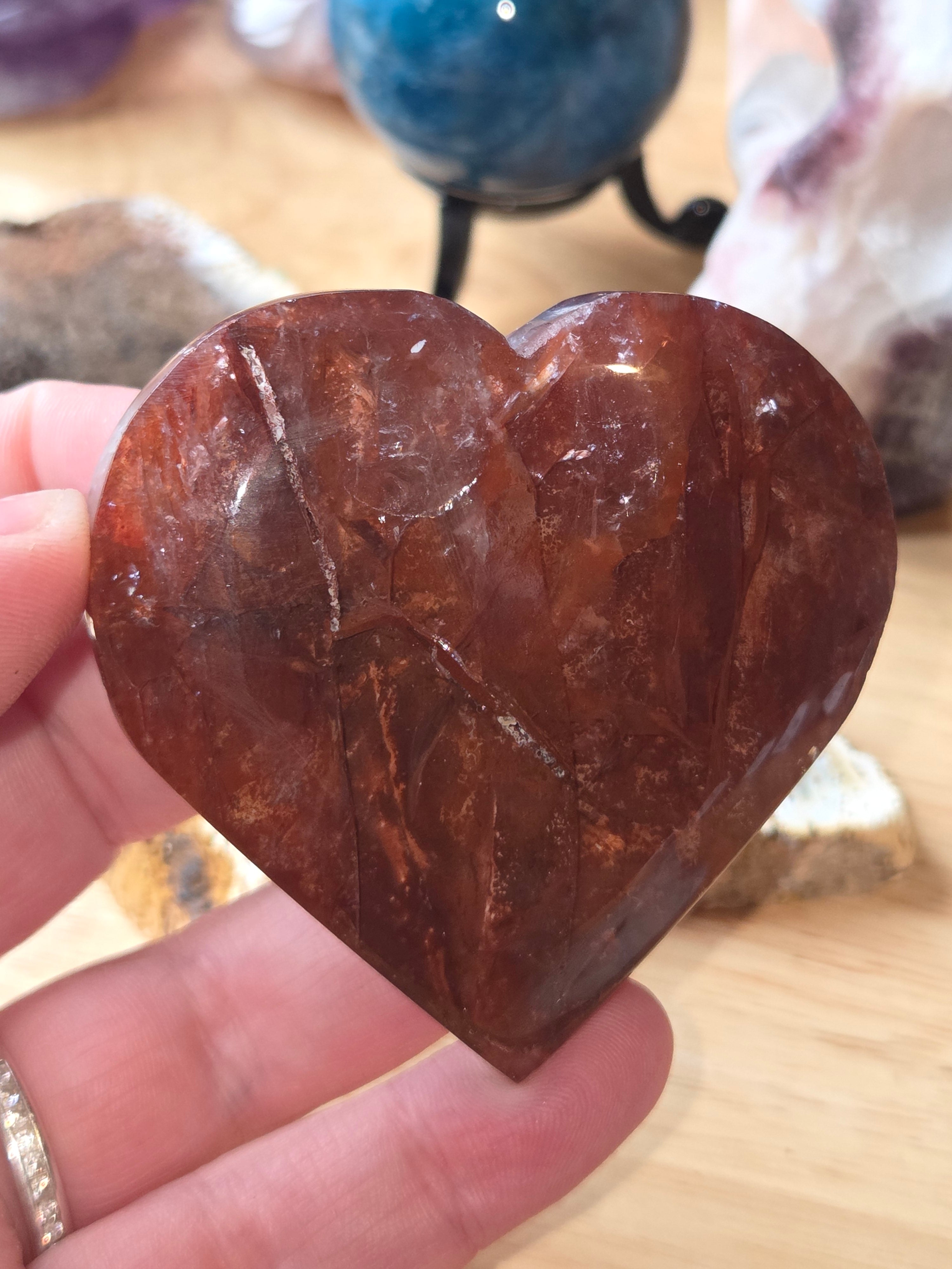 Fire quartz crystal heart carving with stand