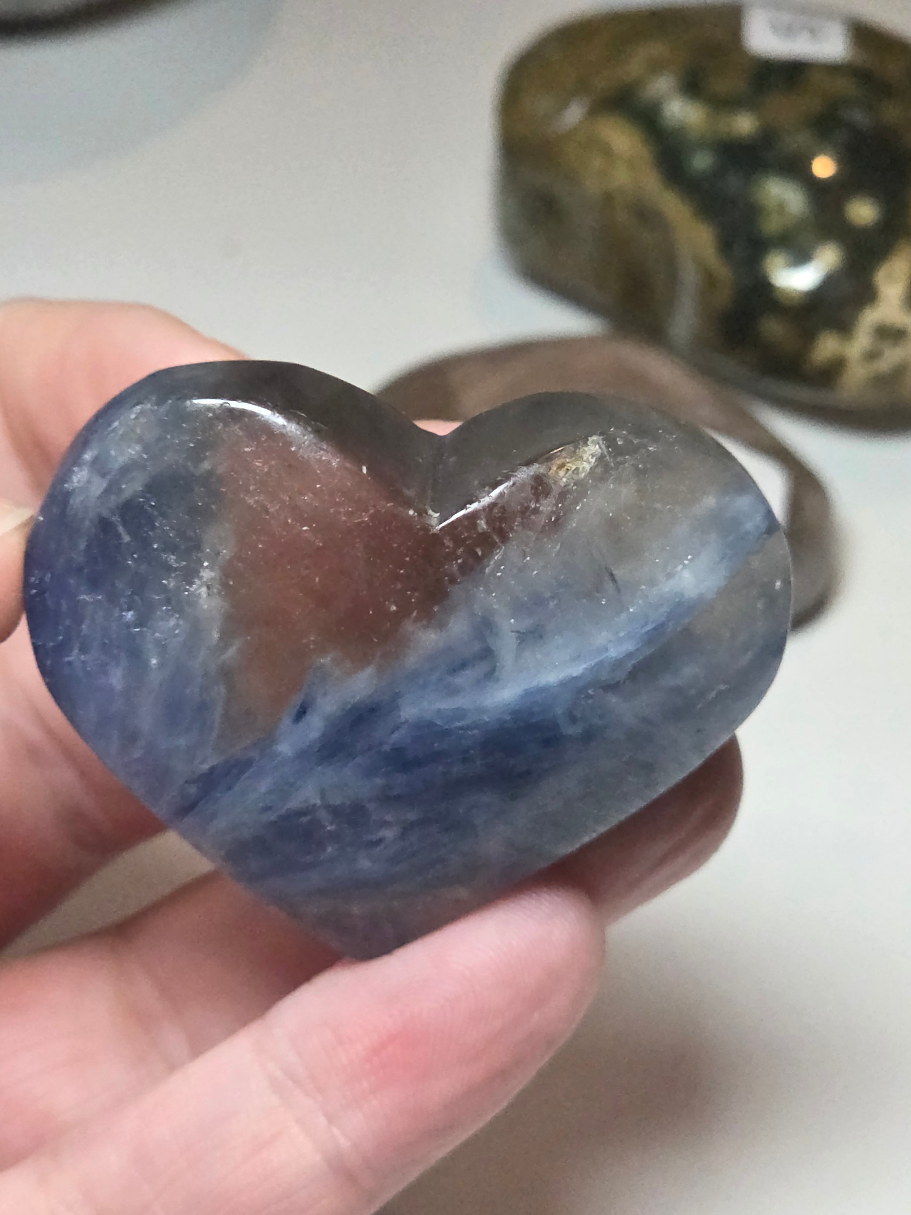 Blue kyanite crystal heart with smokey quartz