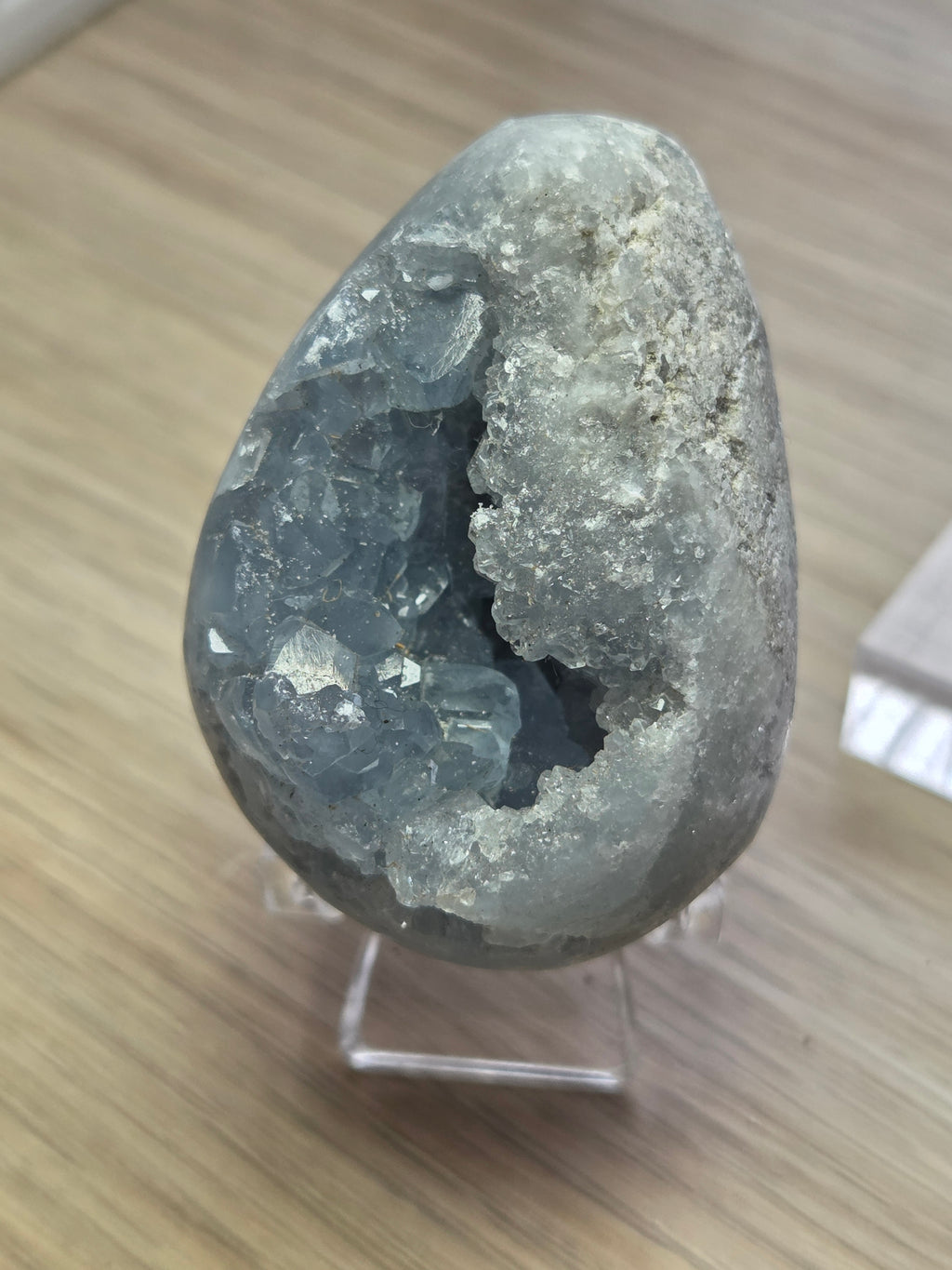 Blue celicite crystal egg carving specimen