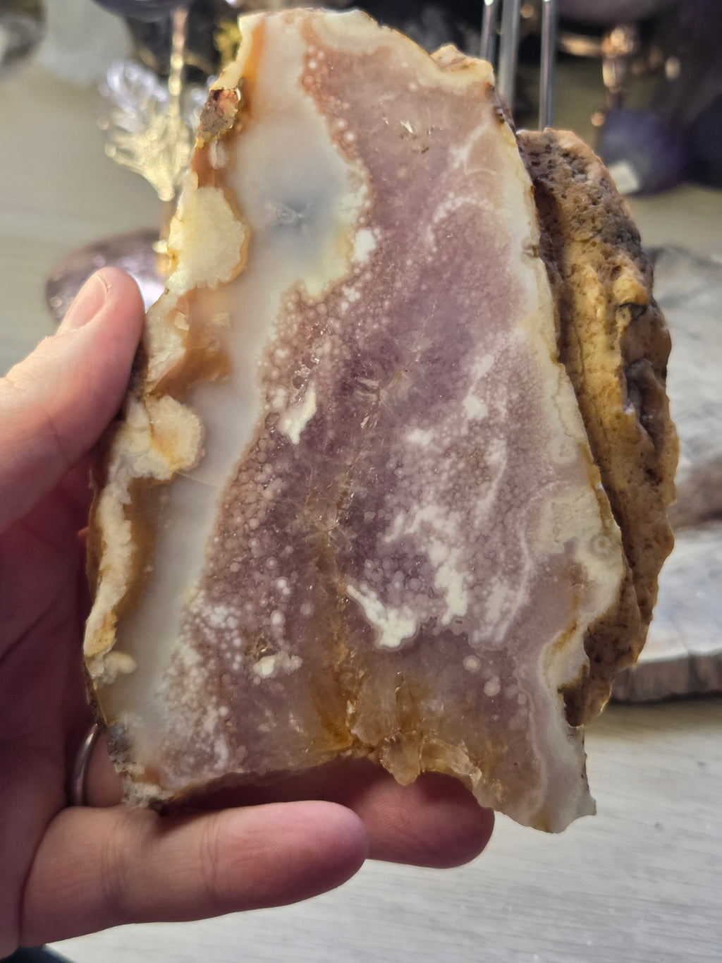 Rare pink flower amethyst crystal slice