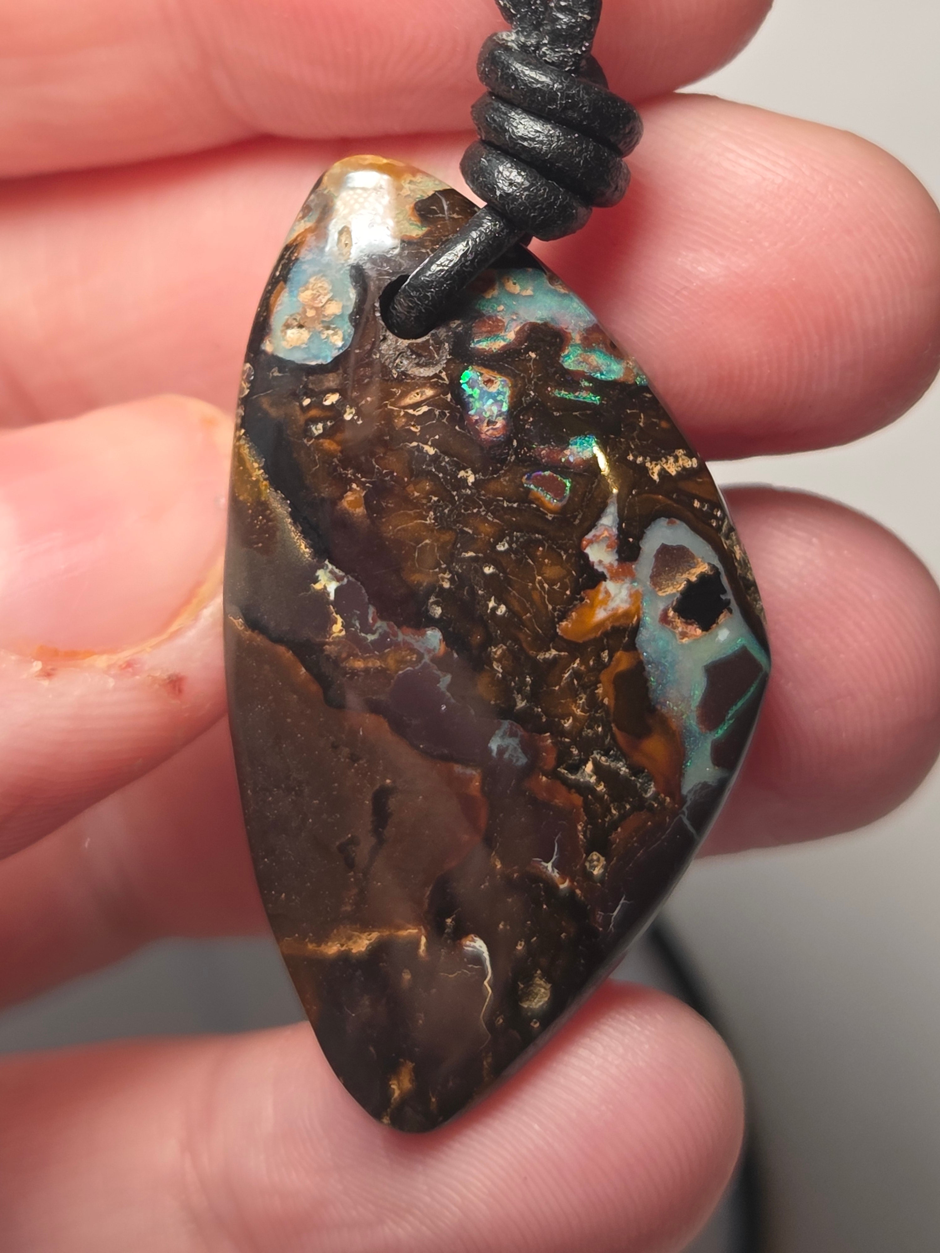Amazing  bolder opal handmade cut and polished  with leather  chain