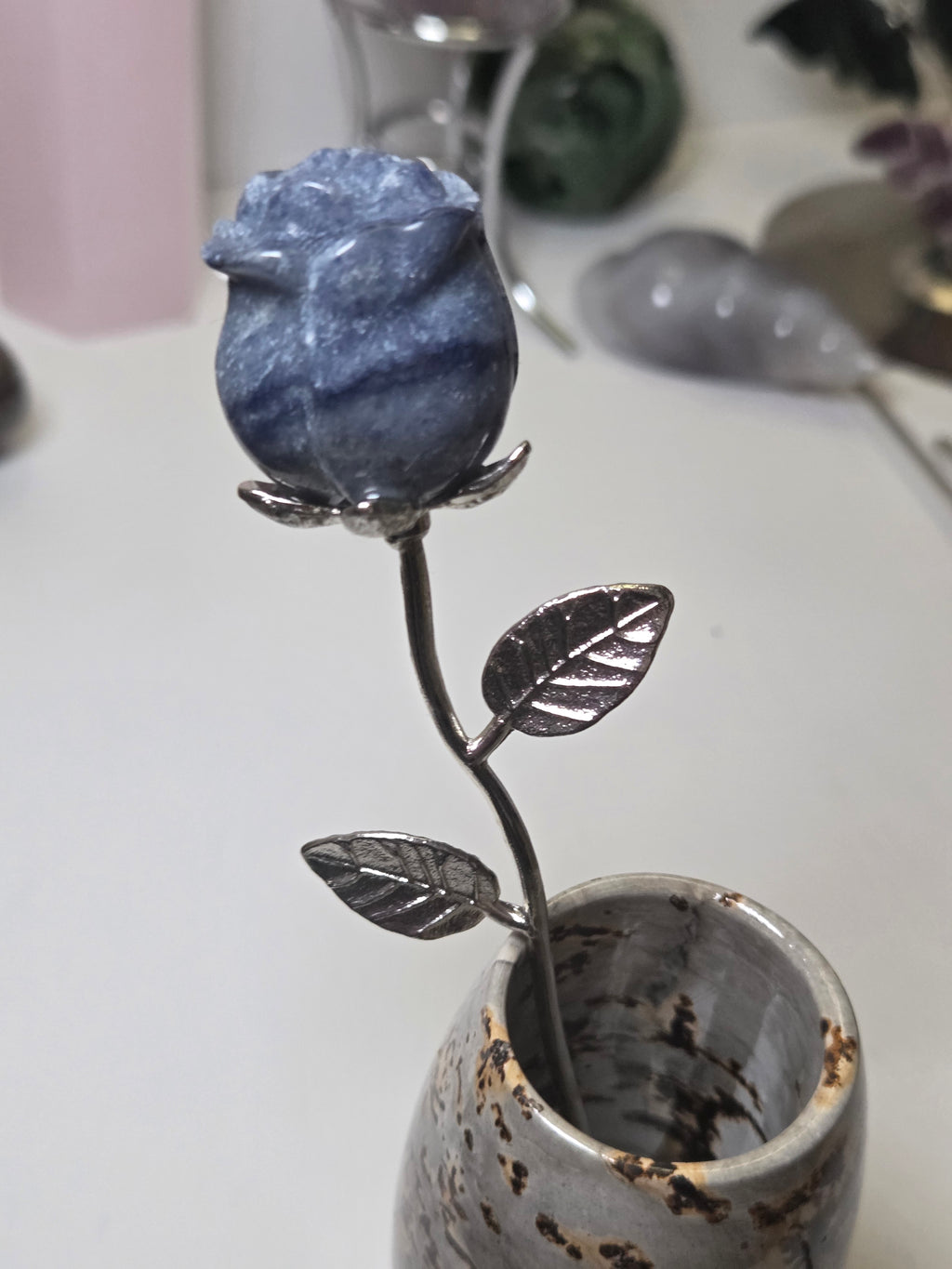 Blue Aventurine crystal rose carving on a stem