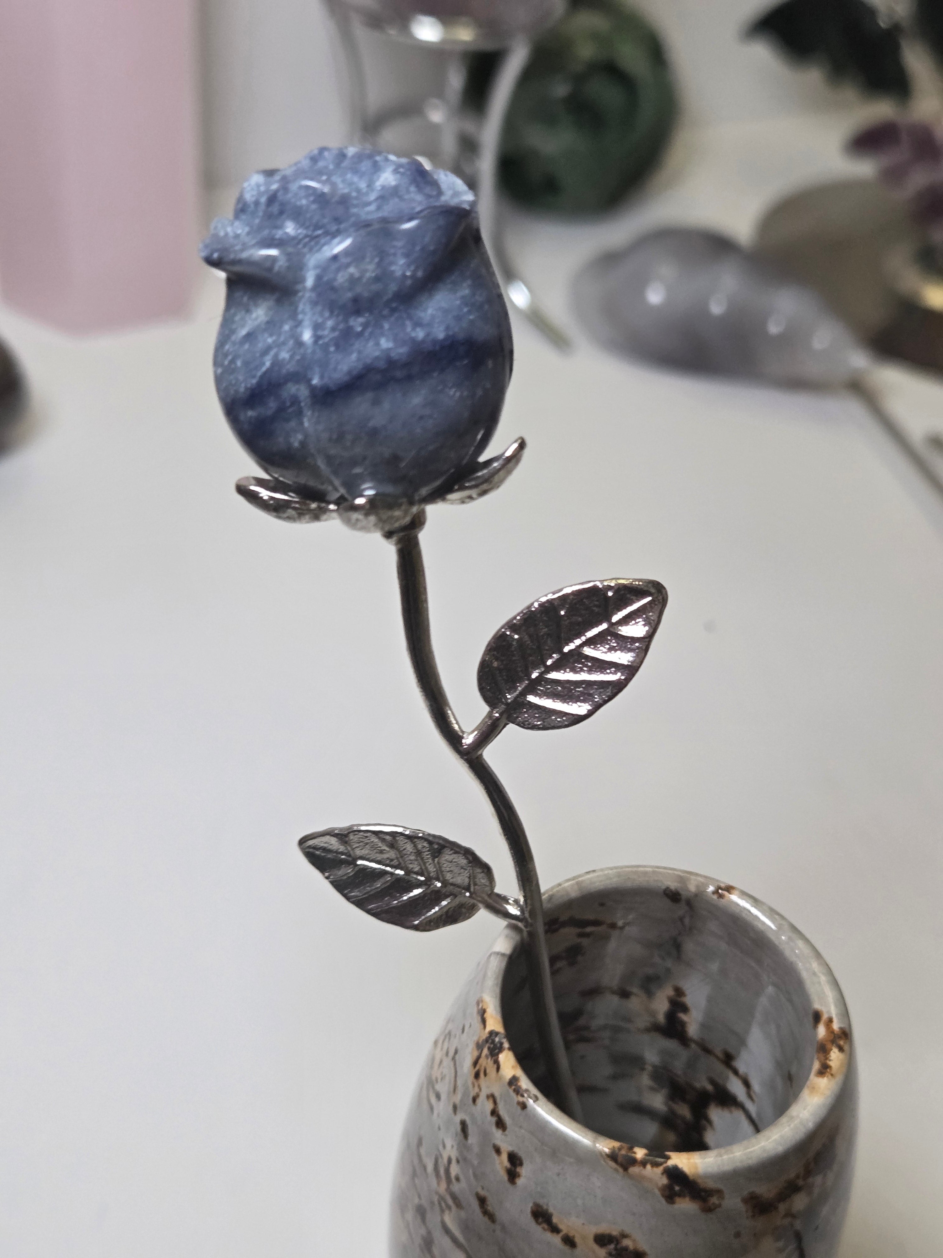 Blue Aventurine crystal rose carving on a stem