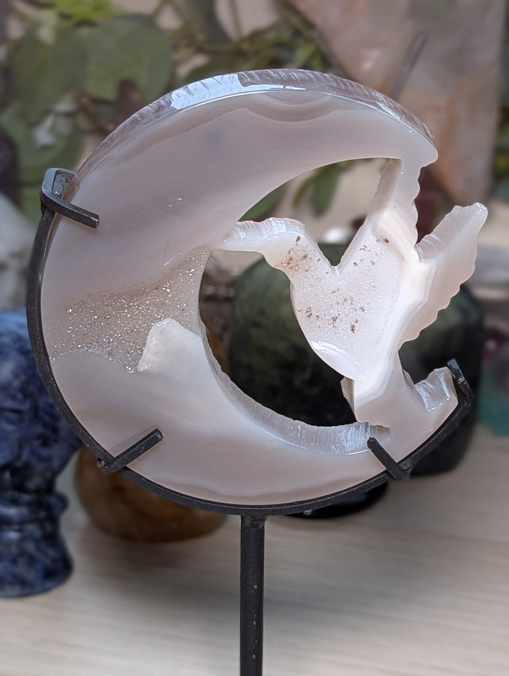 Sparkly Duzy Agate crystal bird with moon and stand