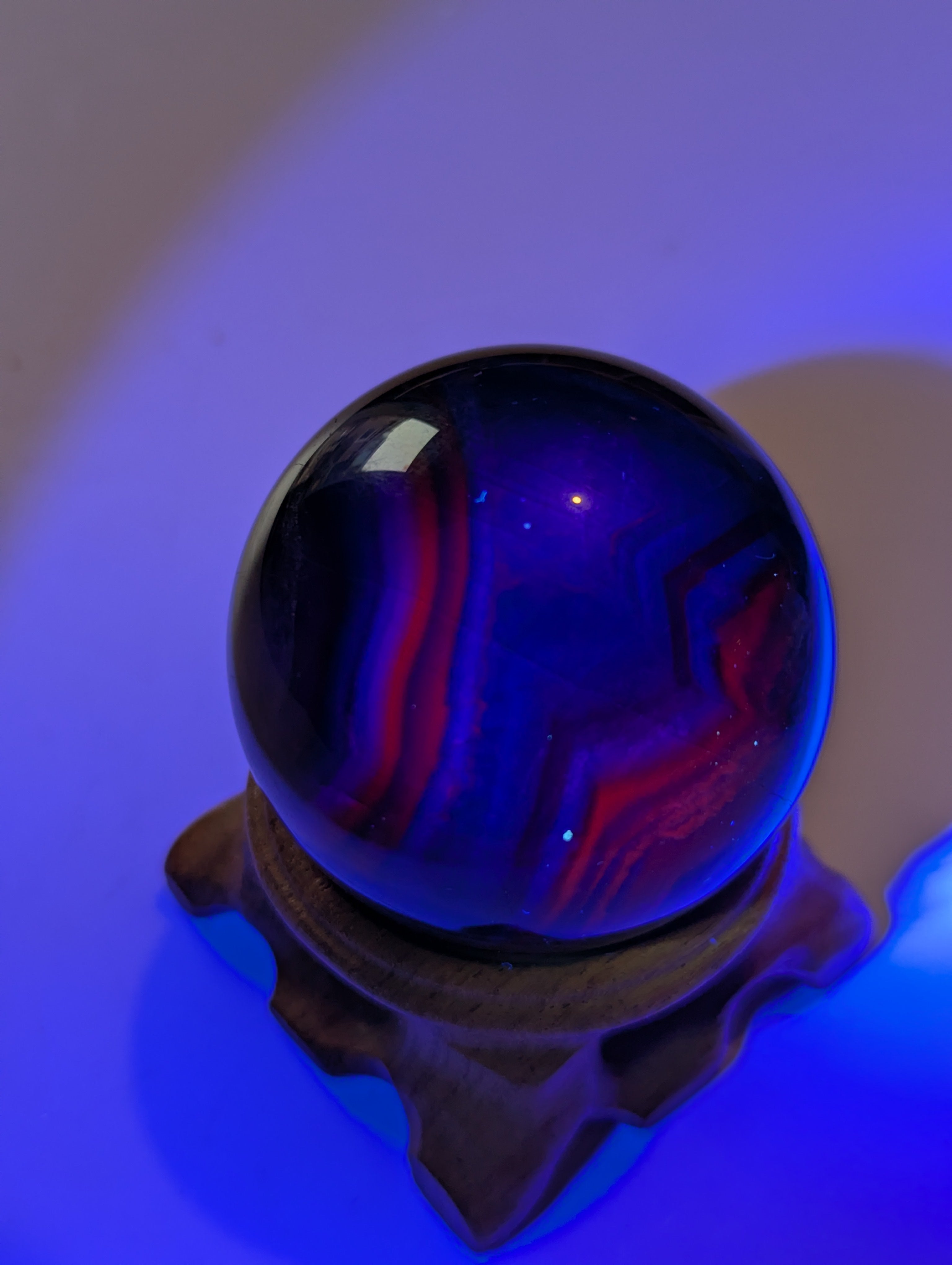 Black rose flourite crystal sphere with stand UV reactive