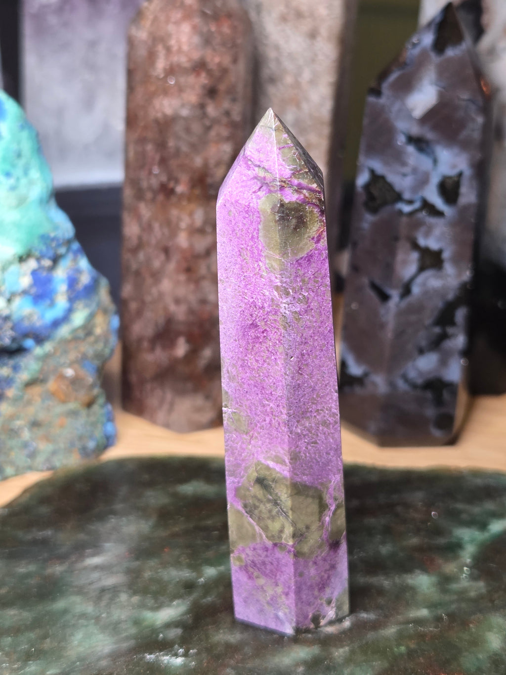 Purple stichtite crystal tower