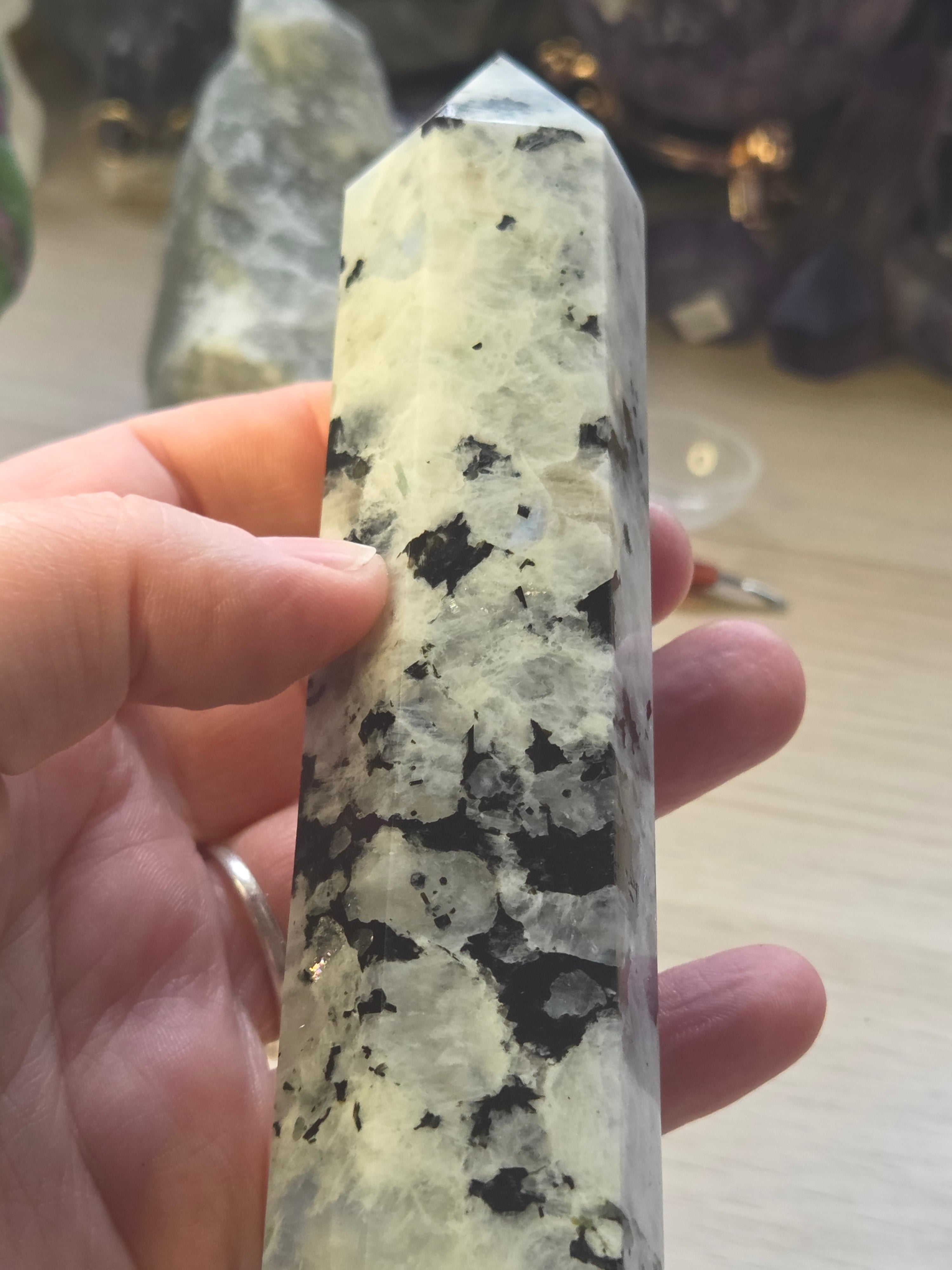 Rainbow moonstone crystal tower carving