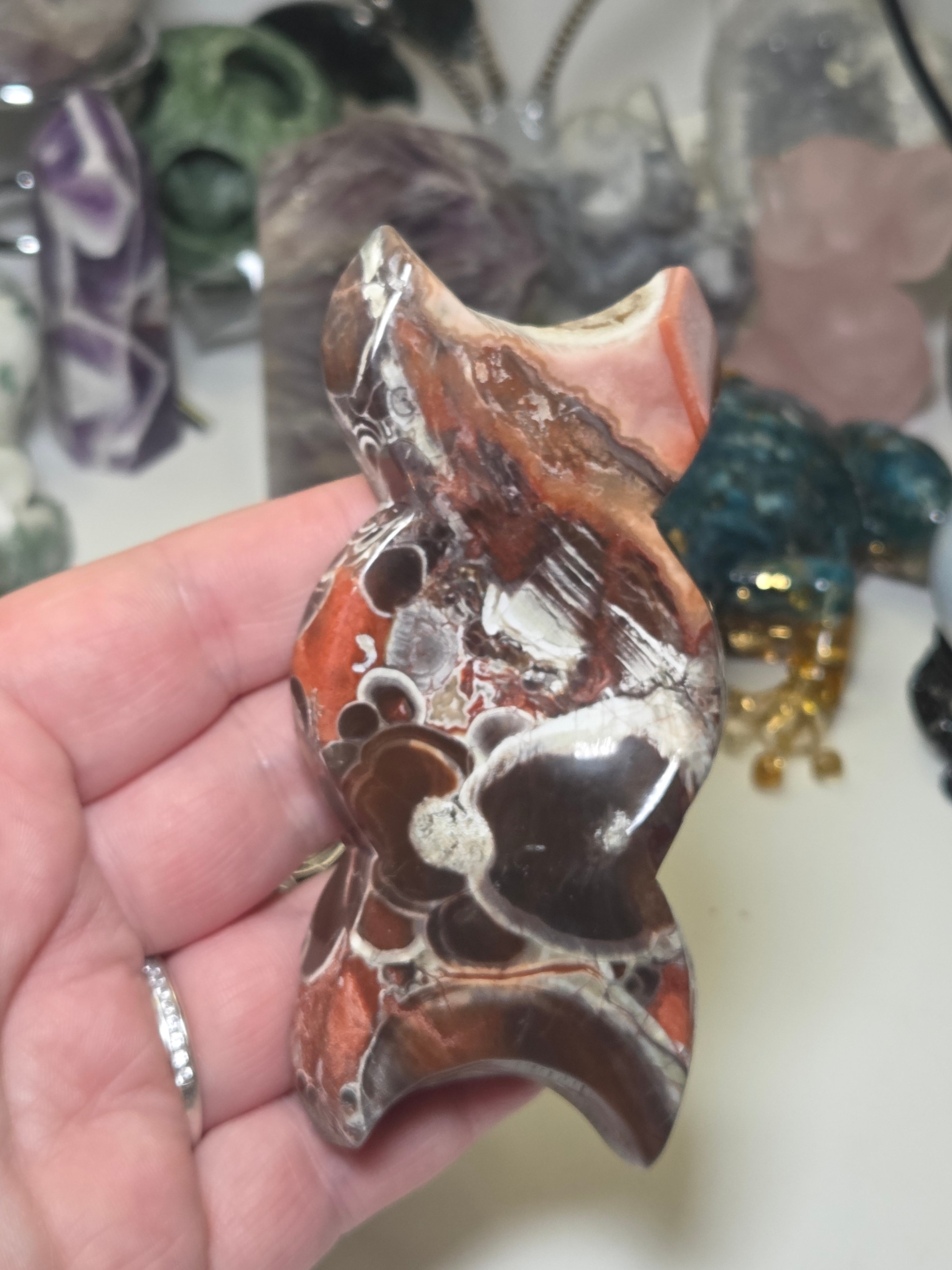 Money agate crystal  triple moon dish carving