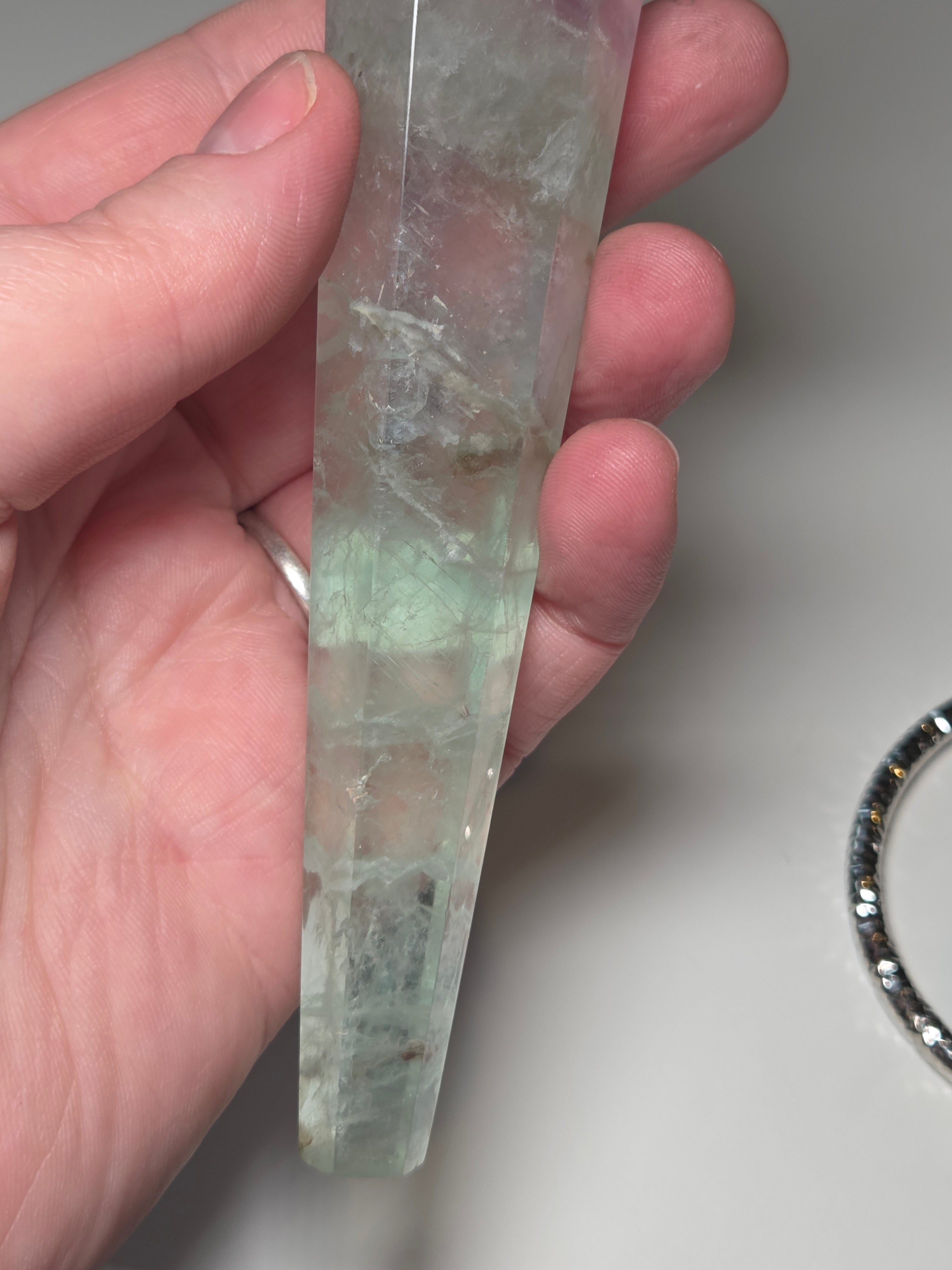 Flourite crystal wand carving with stand UV reactive