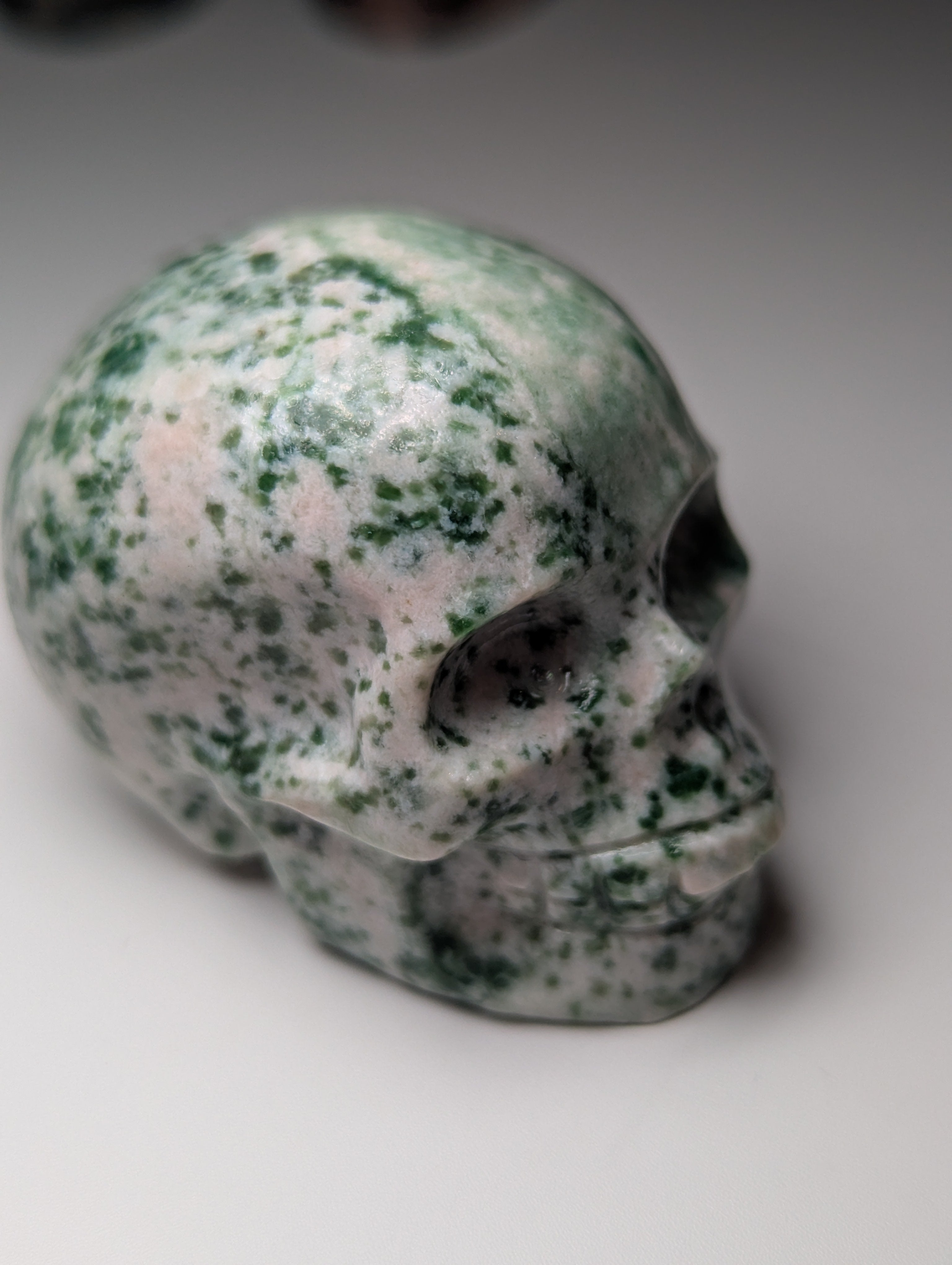 Green spotted Jasper crystal skull