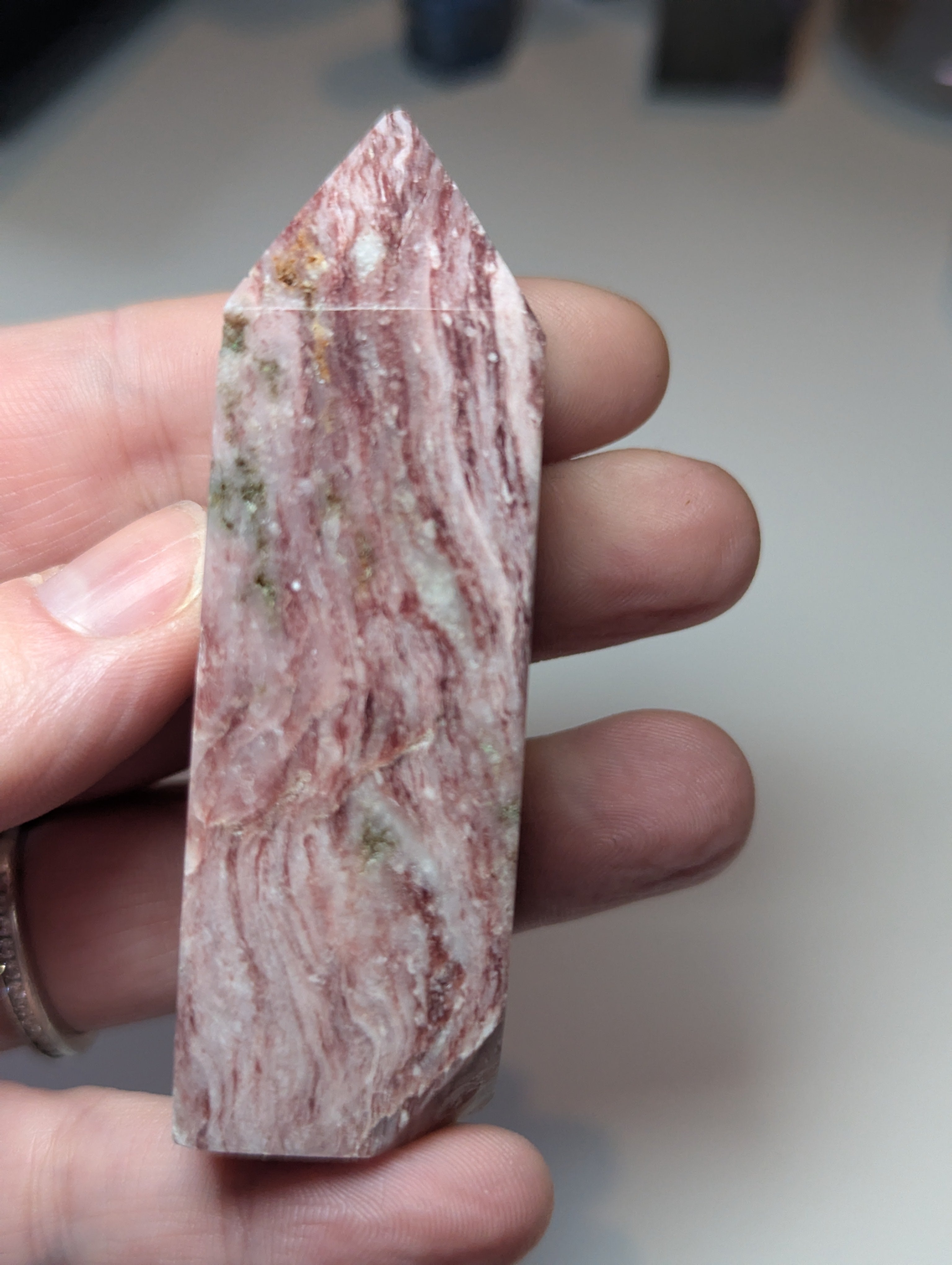 Pink mica crystal tower with imperfections