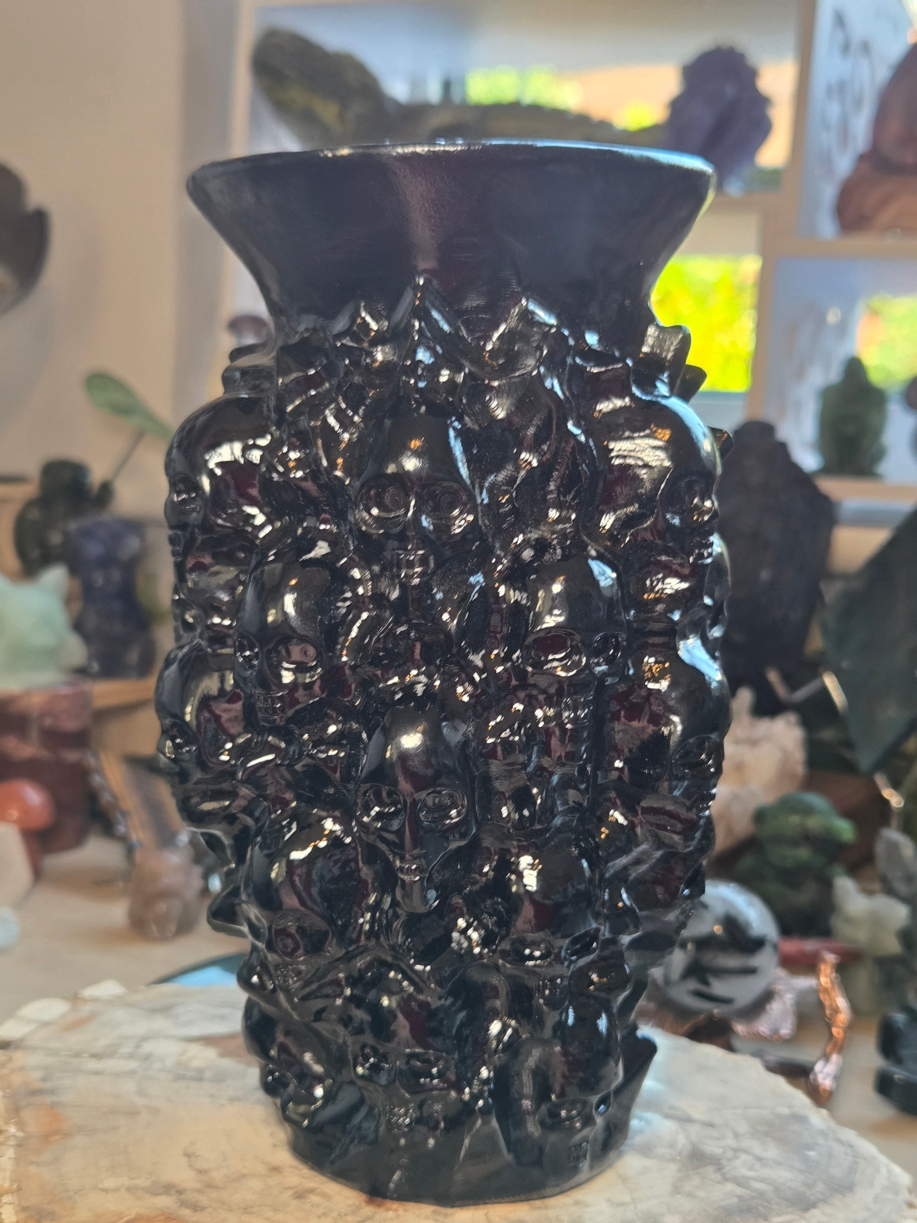 Hand-Carved Black Onyx Skull Vase