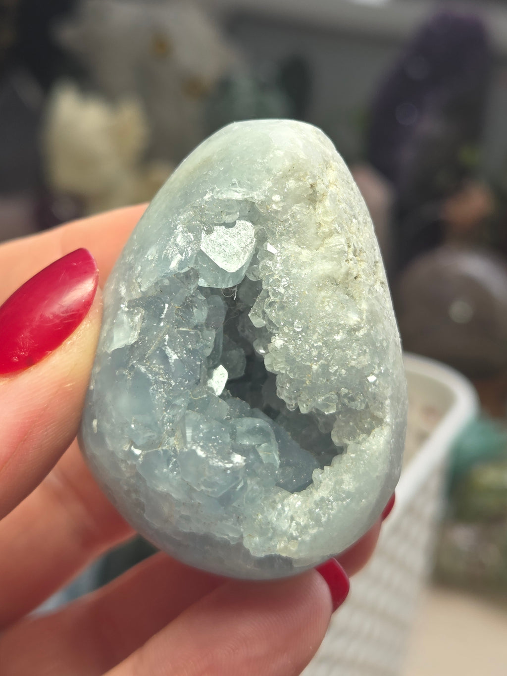 Blue celicite crystal egg carving specimen