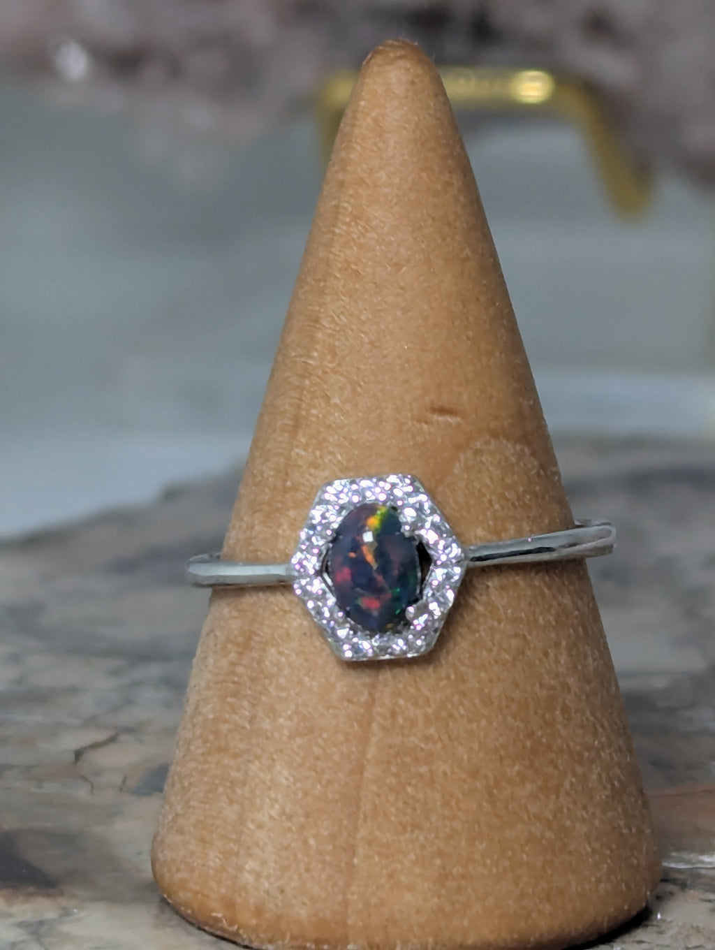 Black opal crystal adjustable ring - Silver