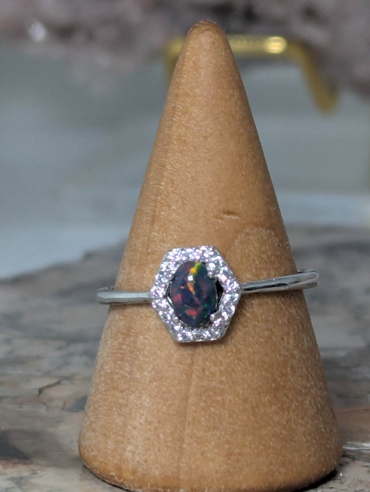 Black opal crystal adjustable ring - Silver