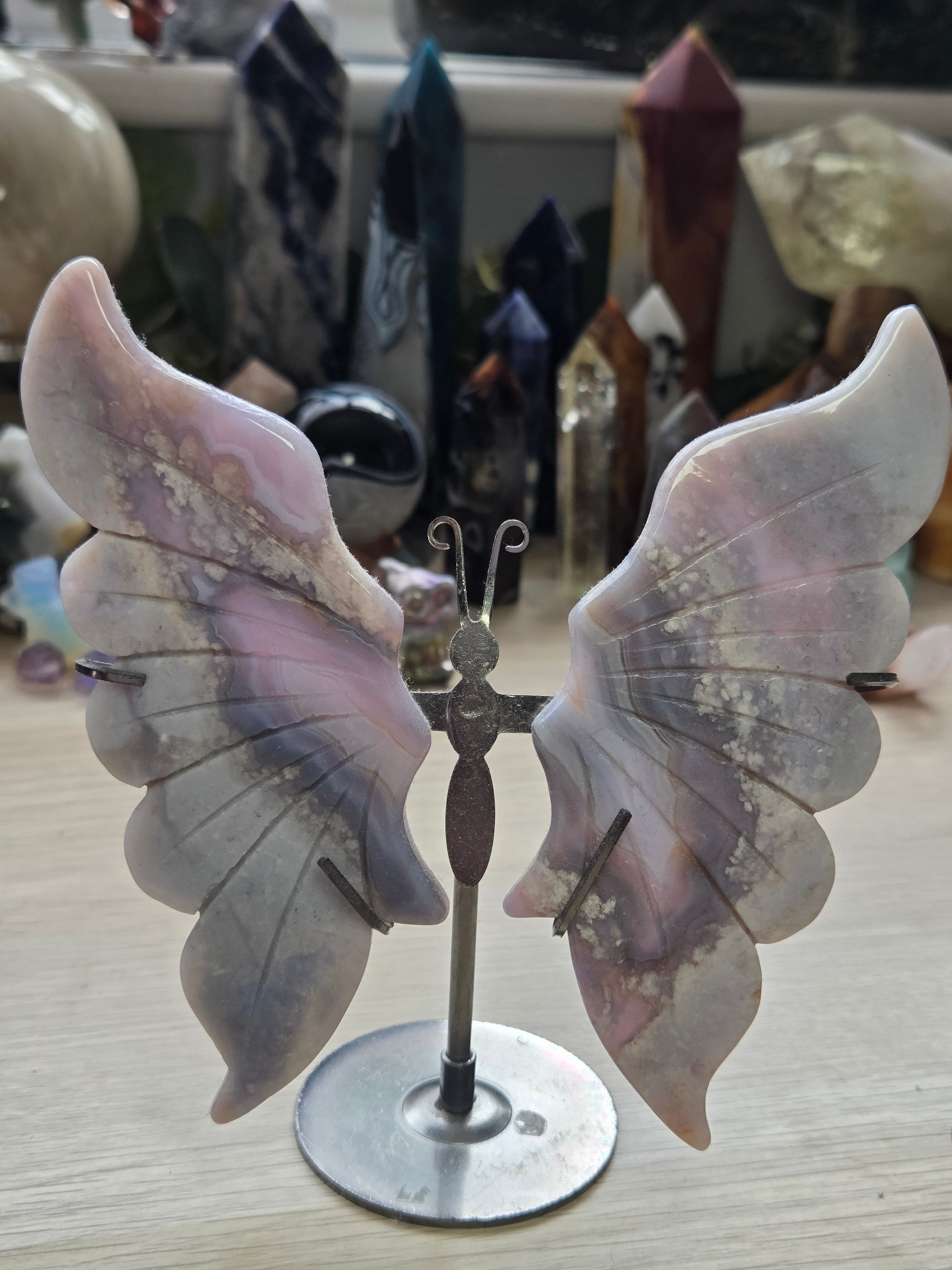 Natural Blue flower agate crystal large butterfly