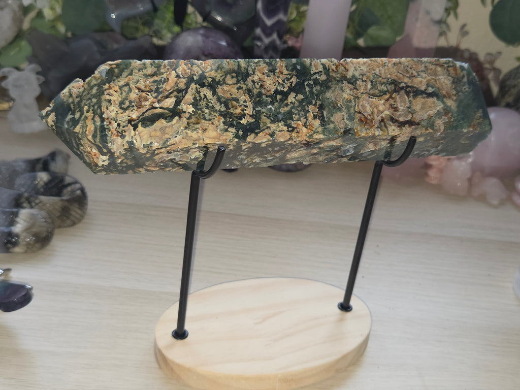 Large Crystal moss agate tower with imperfections as does not stand alone comes with stand