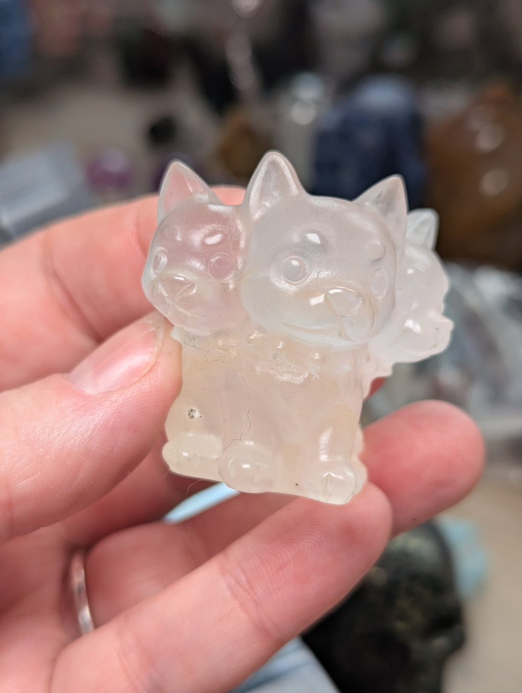 Clear quartz crystal three headed dog