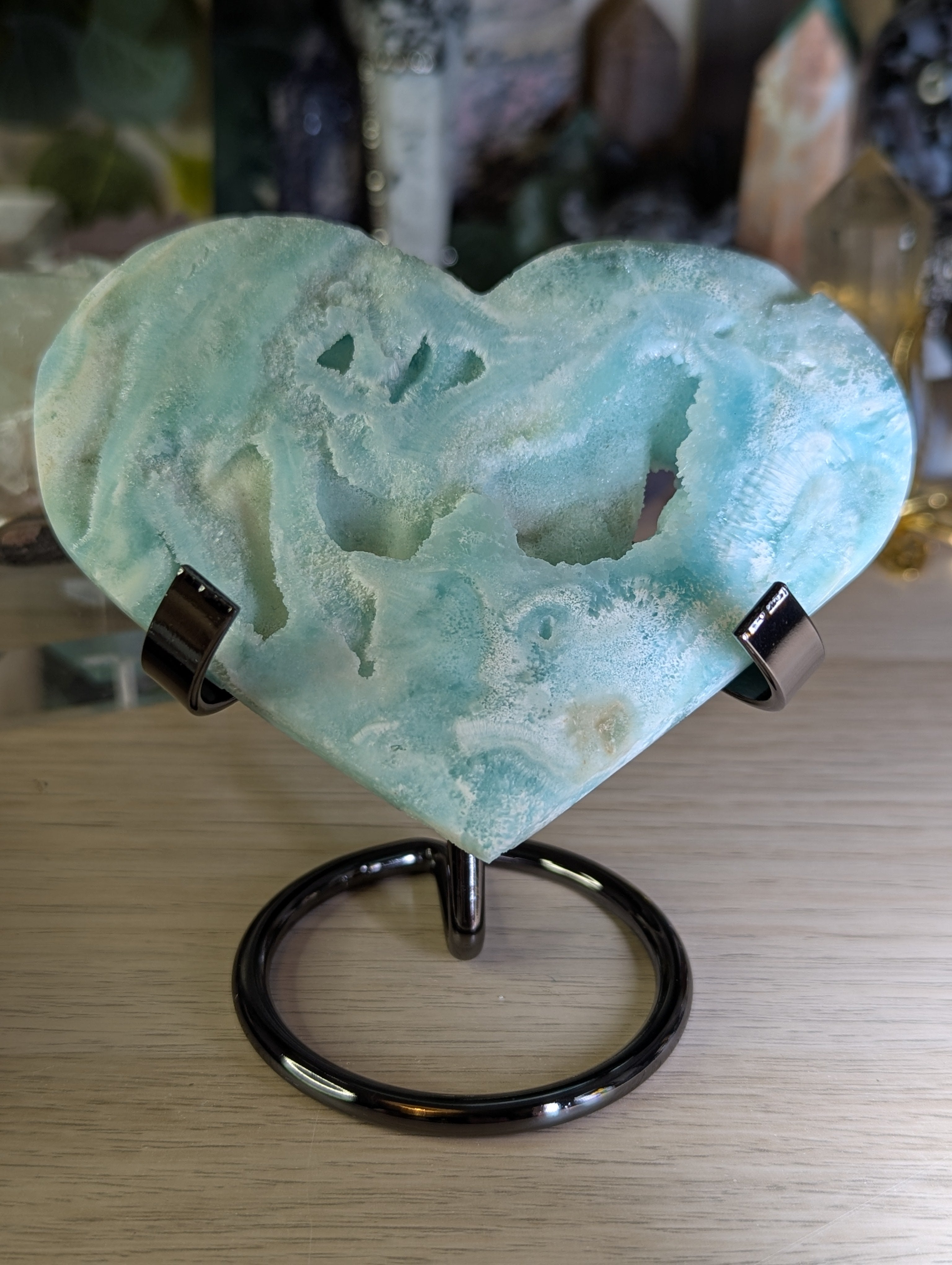 Hemimorphite crystal heart carving with stand