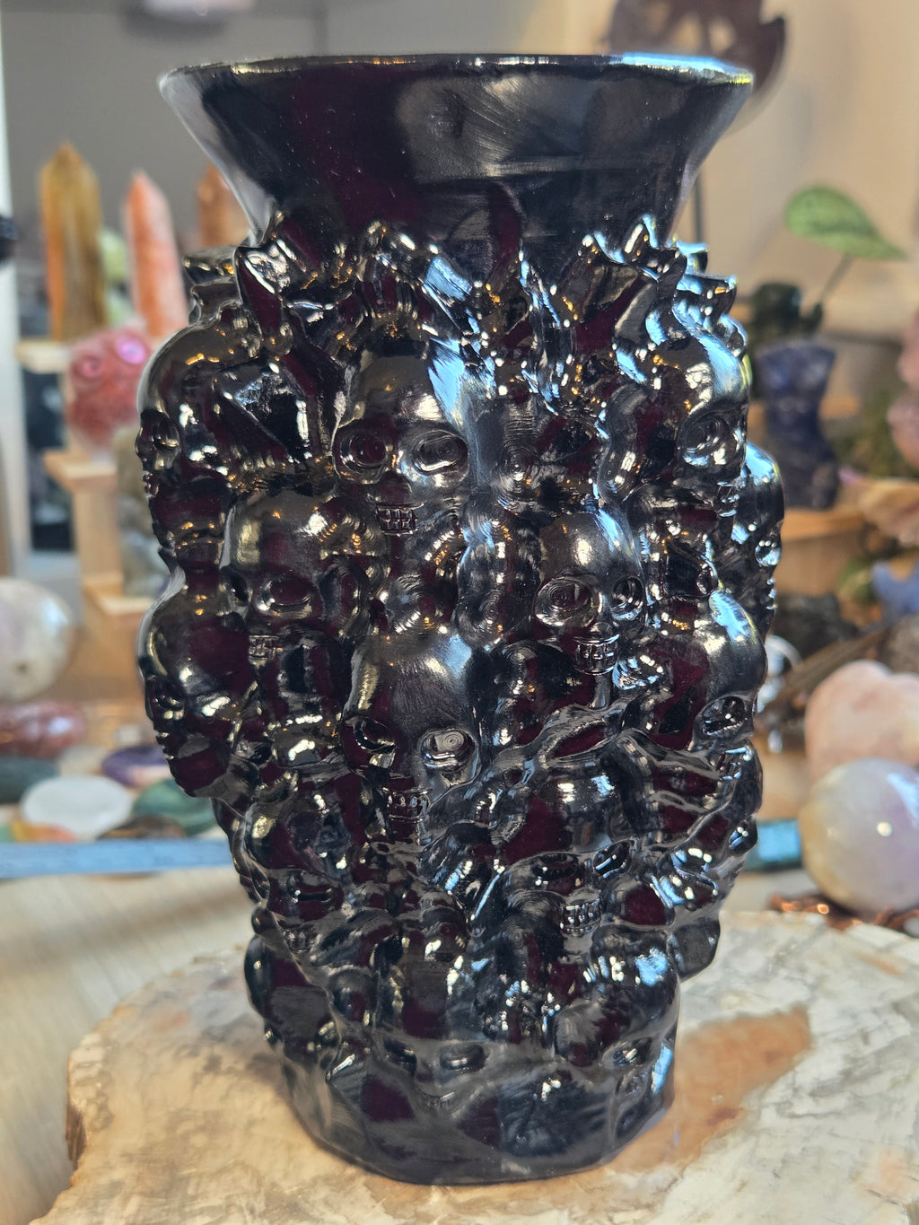 Hand-Carved Black Onyx Skull Vase
