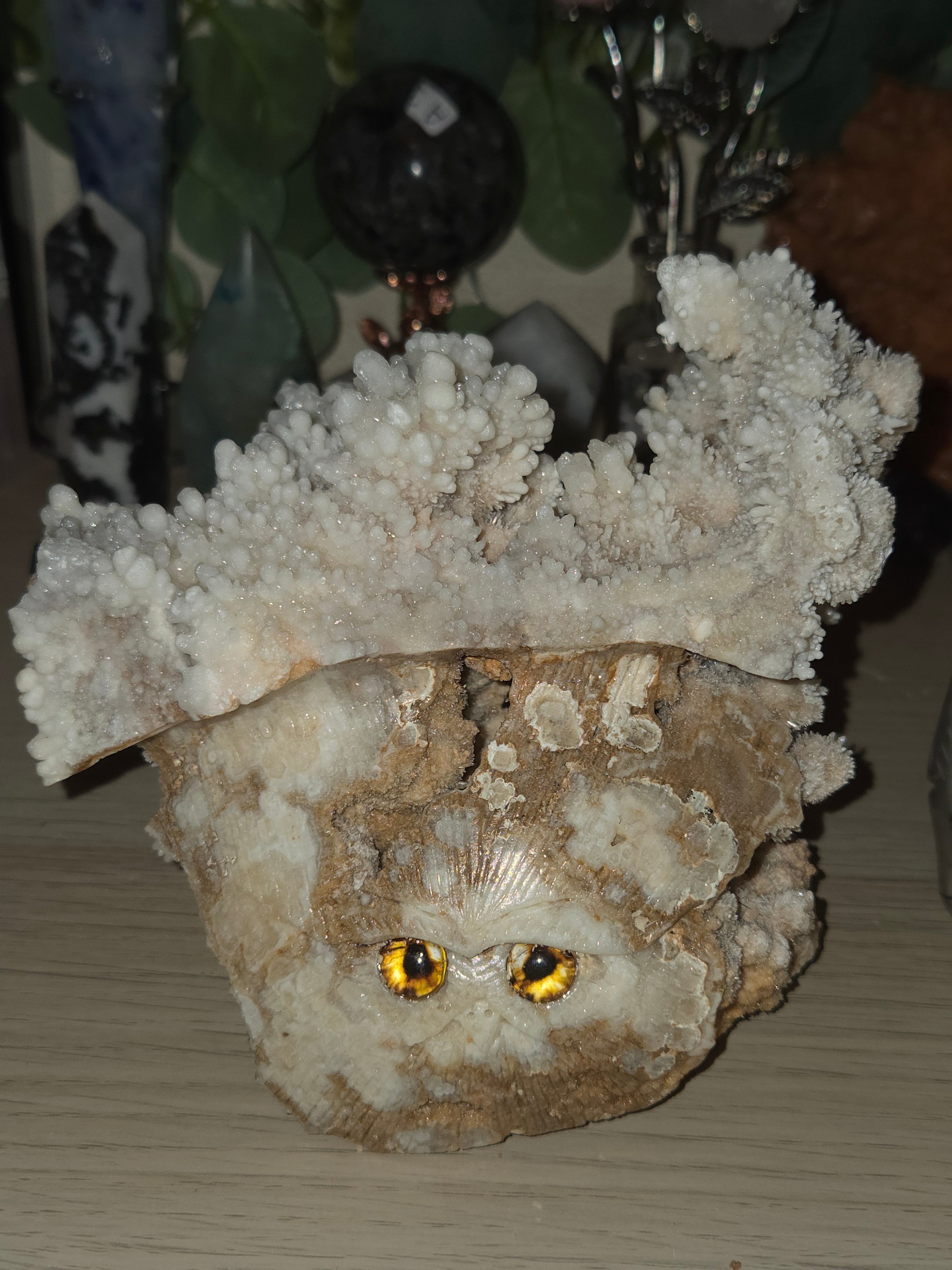 Selestite crystal owl carving