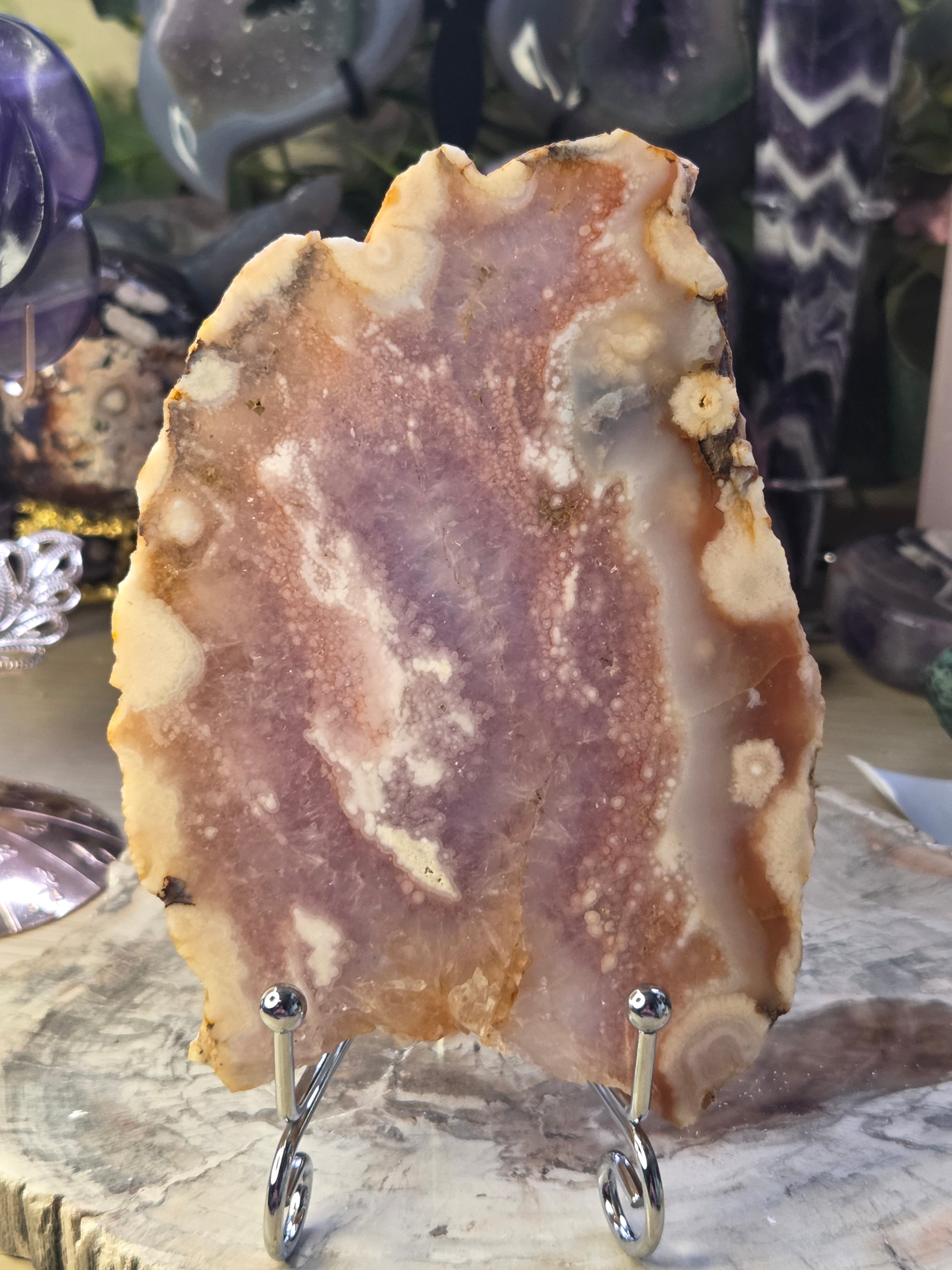 Rare pink flower amethyst crystal slice