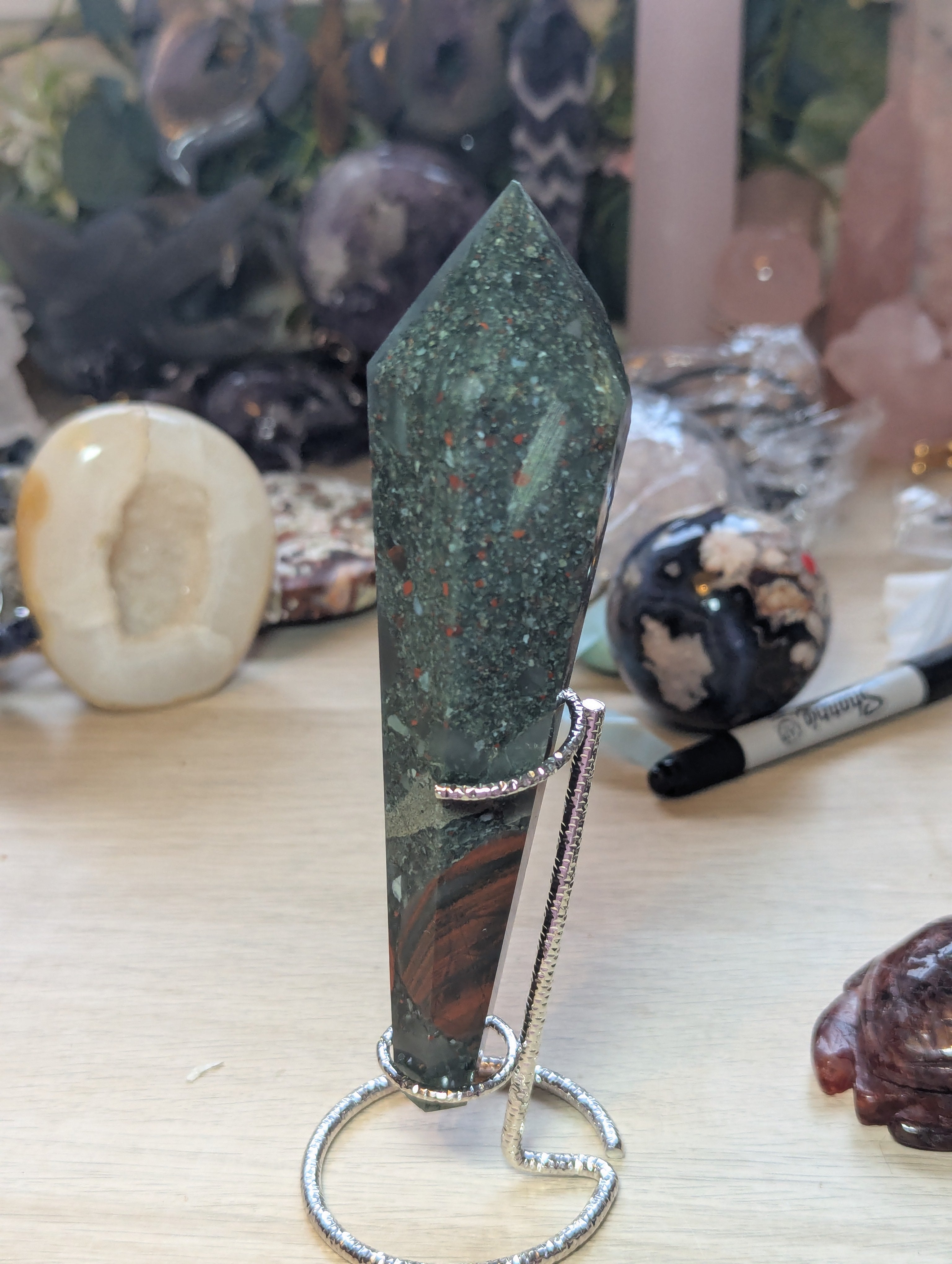 African blood stone crystal wand with stand
