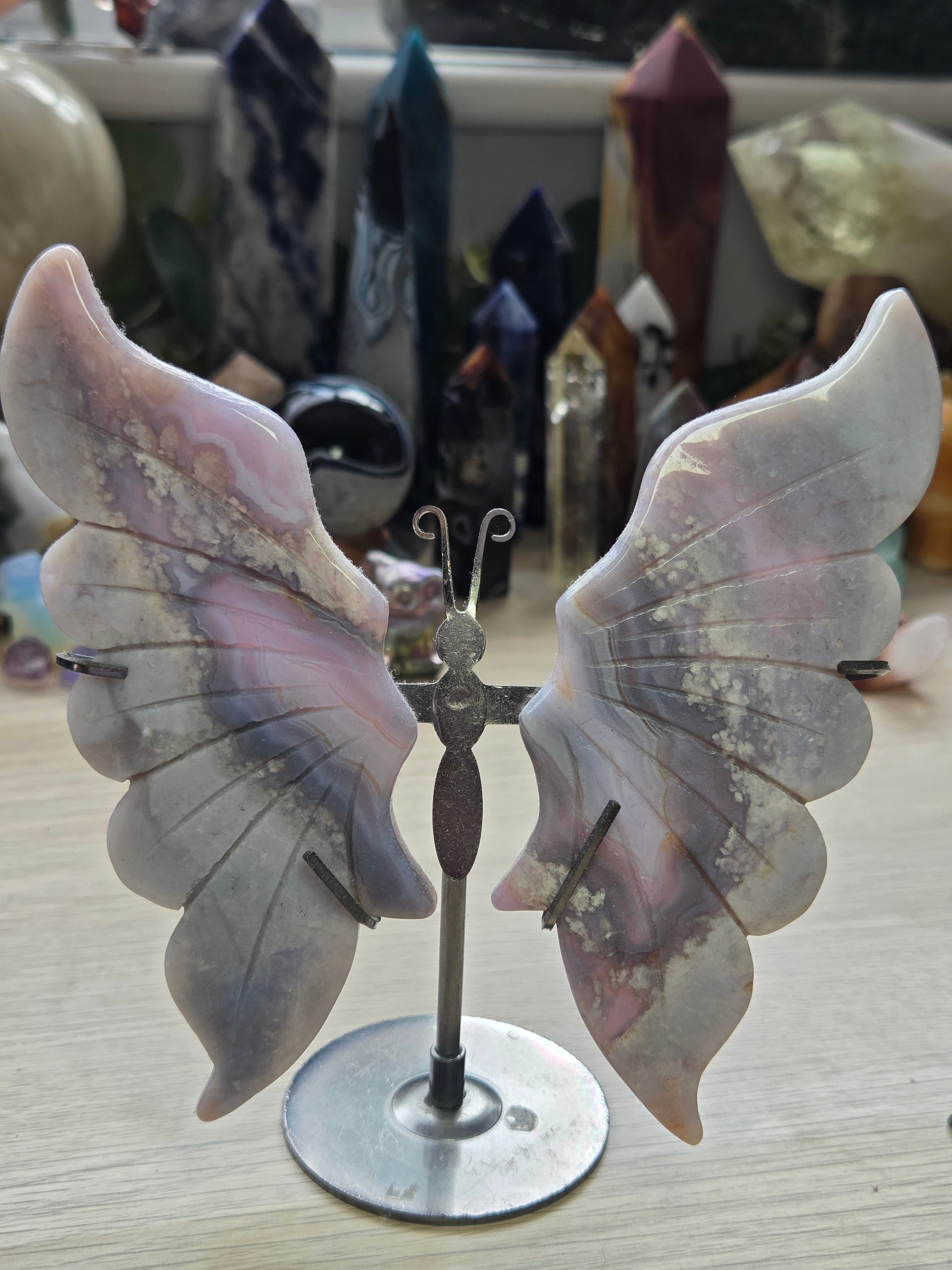 Natural Blue flower agate crystal large butterfly