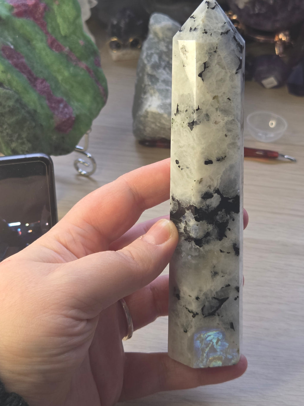 Rainbow moonstone crystal tower carving