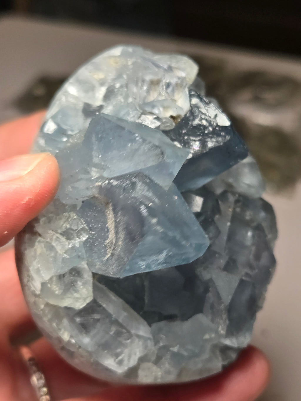 Blue calcite crystal Egg carving