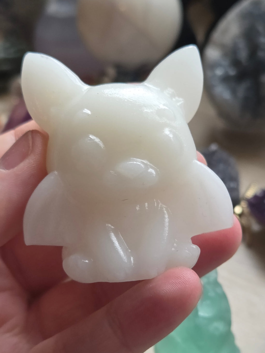 White jade crystal bat carving