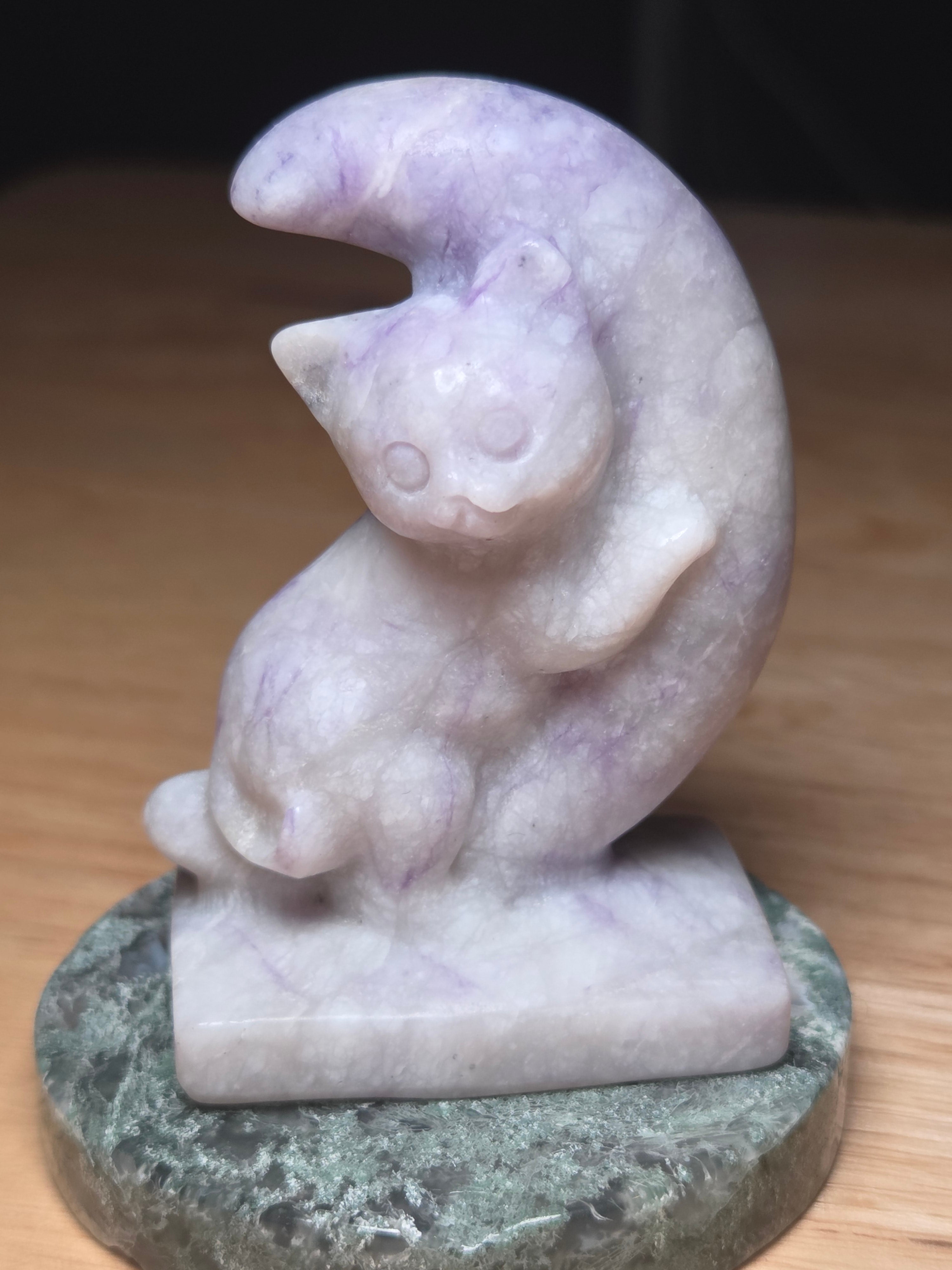 Purple turquoise crystal cat and moon carving