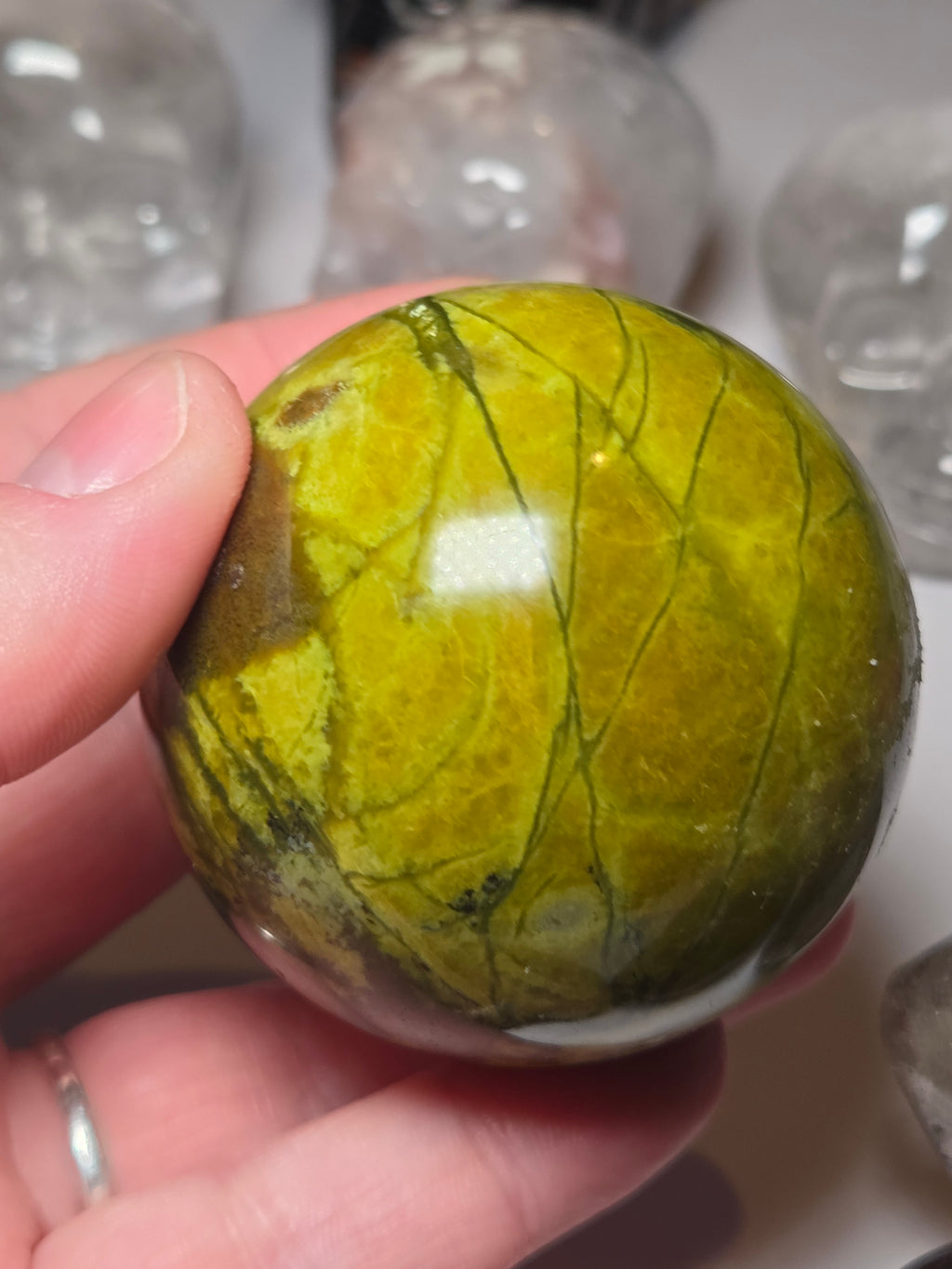 Green Opal crystal sphere carving with Stand