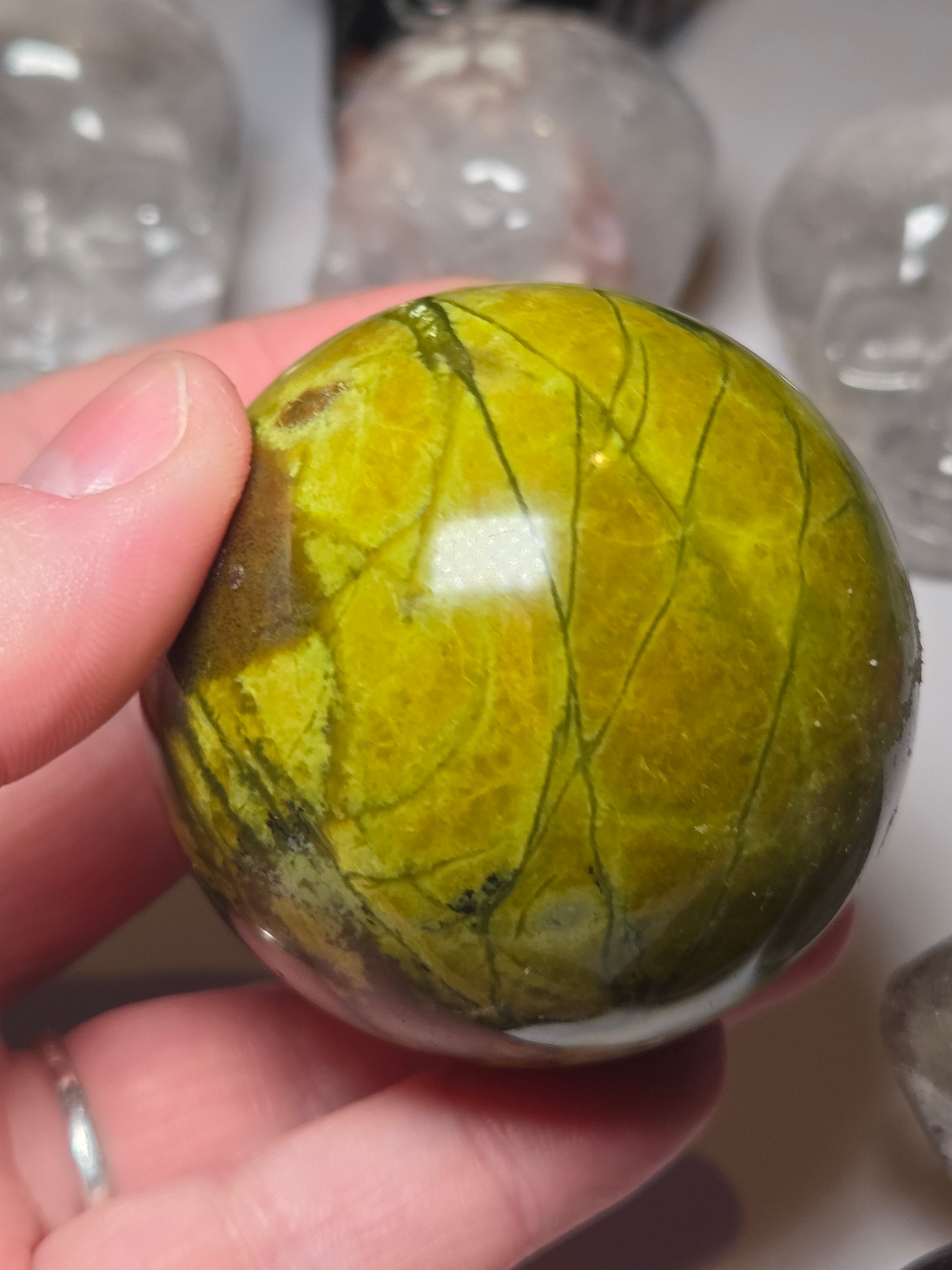 Green Opal crystal sphere carving with Stand