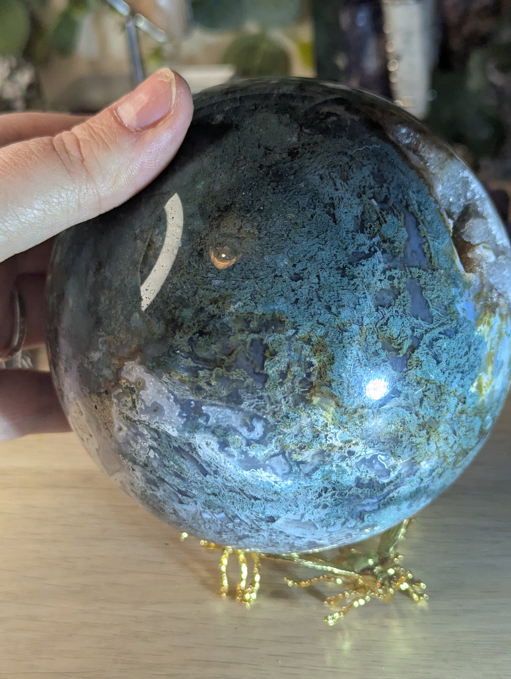 New 50% off on check out XL Moss Agate crystal sphere with stand over 13cm