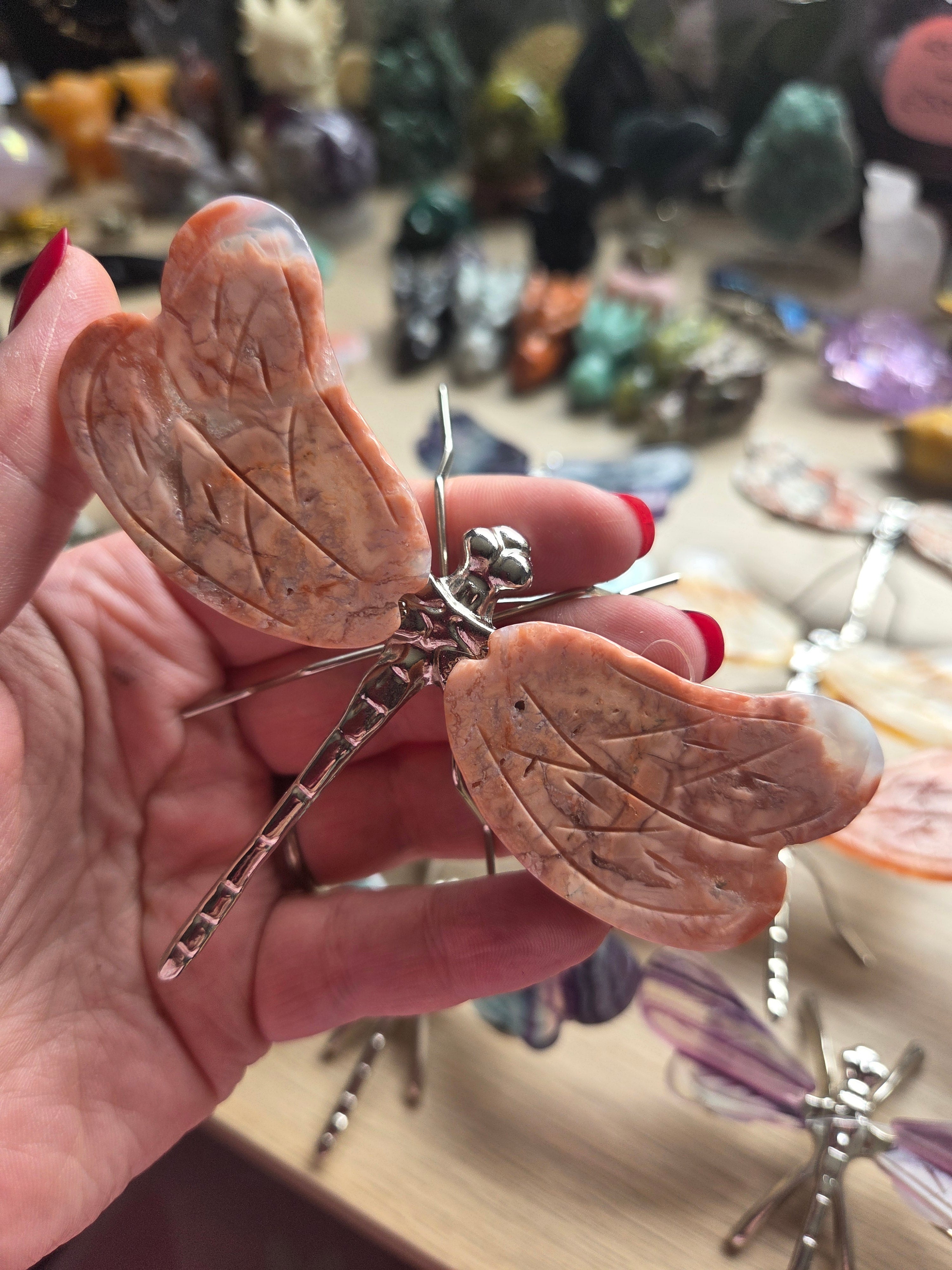 Cotton candy pink agate crystal dragonfly