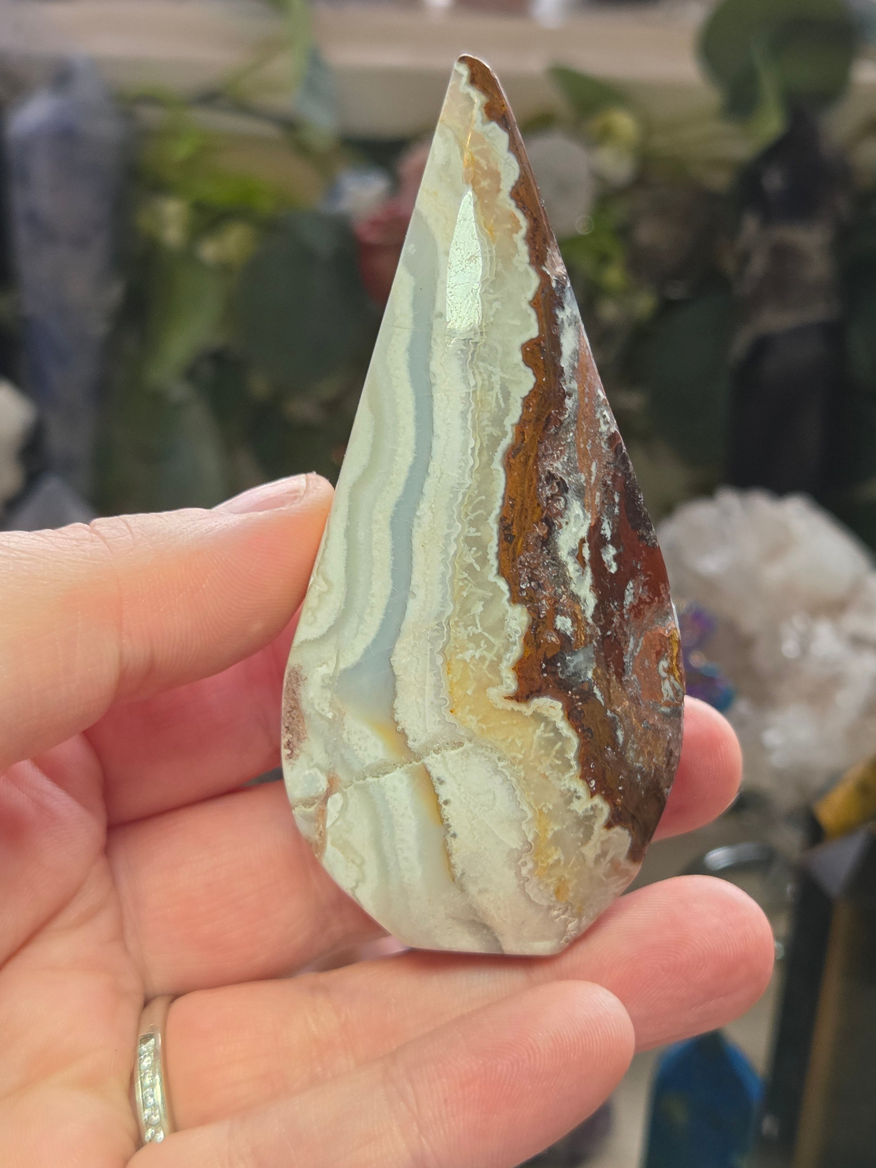 Crazy Lace agate crystal tear drop carving