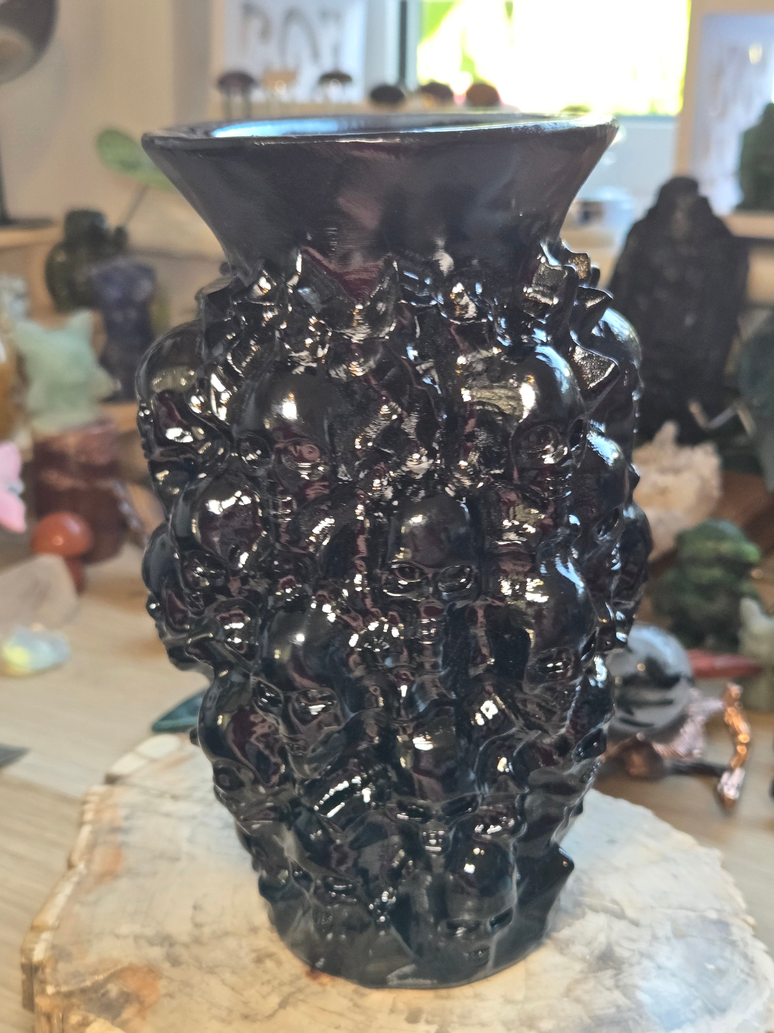 Hand-Carved Black Onyx Skull Vase