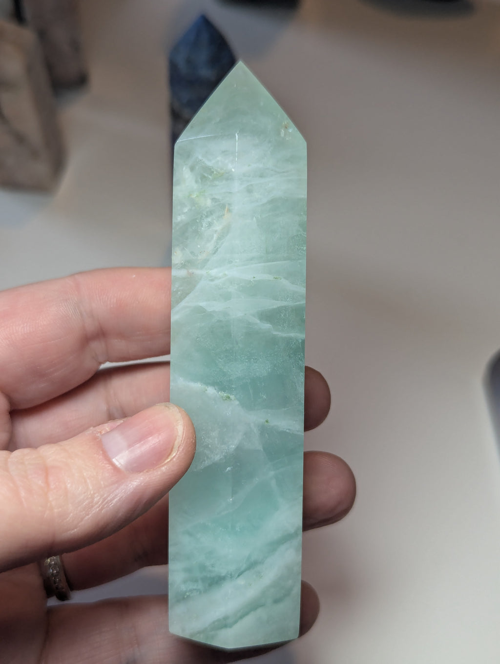 Green Flourite crystal tower carving